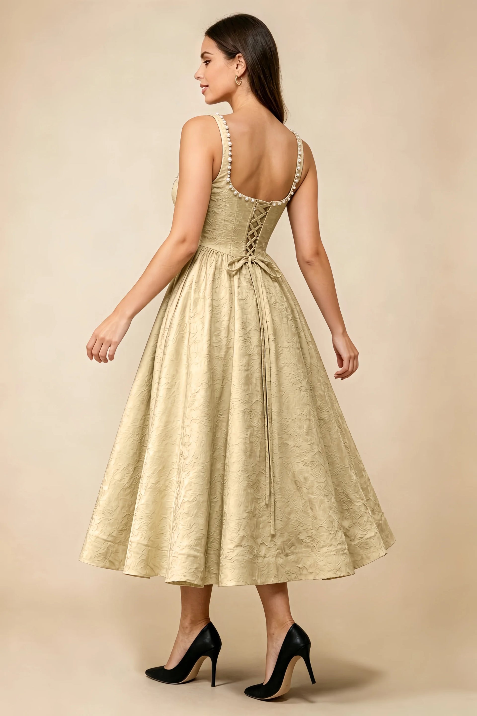 Alberta Gold Jacquard Square Neck Midi Dress with Pearl