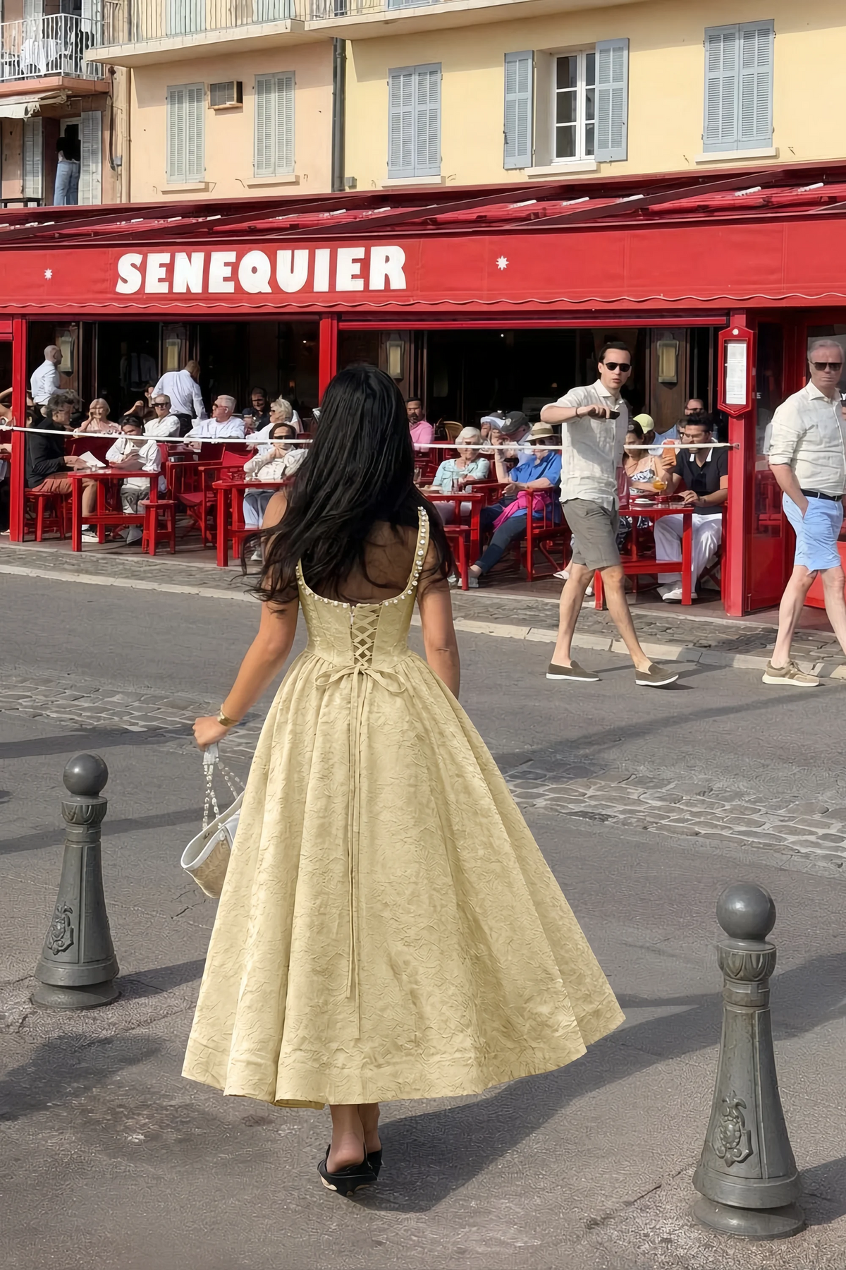 Alberta Gold Jacquard Square Neck Midi Dress with Pearl