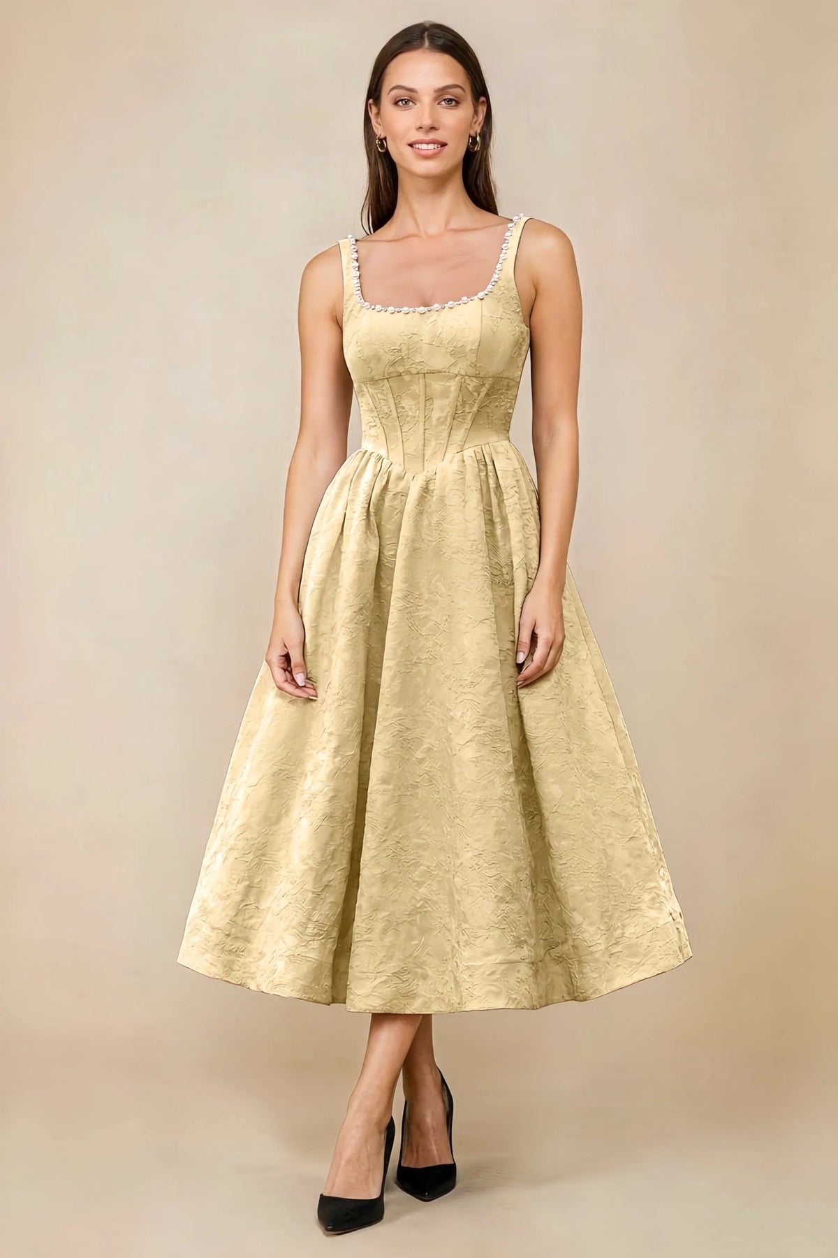Alberta Gold Jacquard Square Neck Midi Dress with Pearl