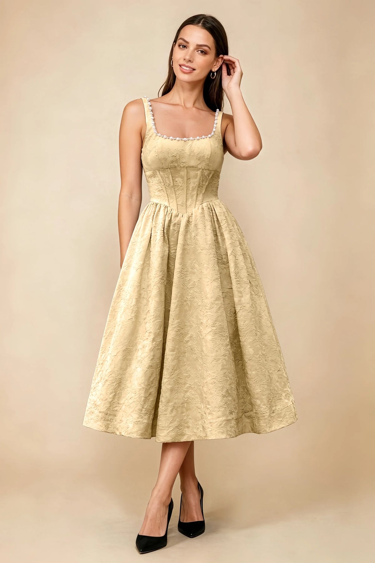 Alberta Gold Jacquard Square Neck Midi Dress with Pearl