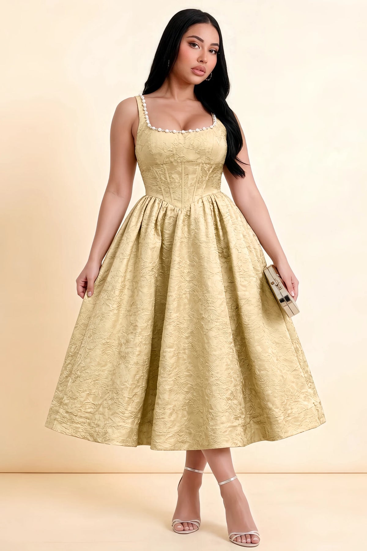 Alberta Gold Jacquard Square Neck Midi Dress with Pearl