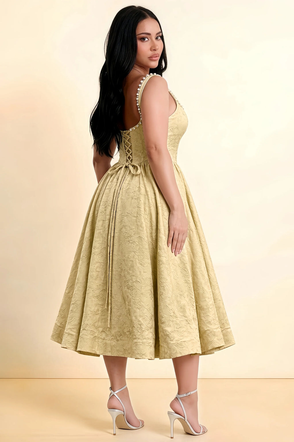 Alberta Gold Jacquard Square Neck Midi Dress with Pearl