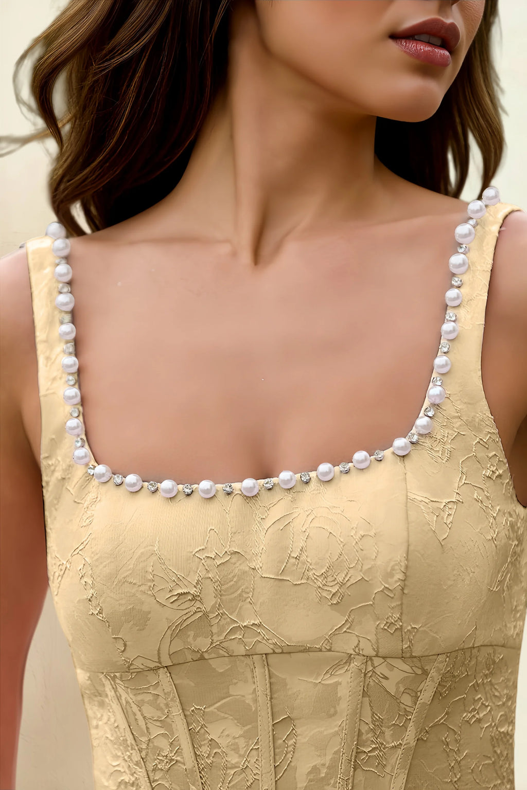 Alberta Gold Jacquard Square Neck Midi Dress with Pearl