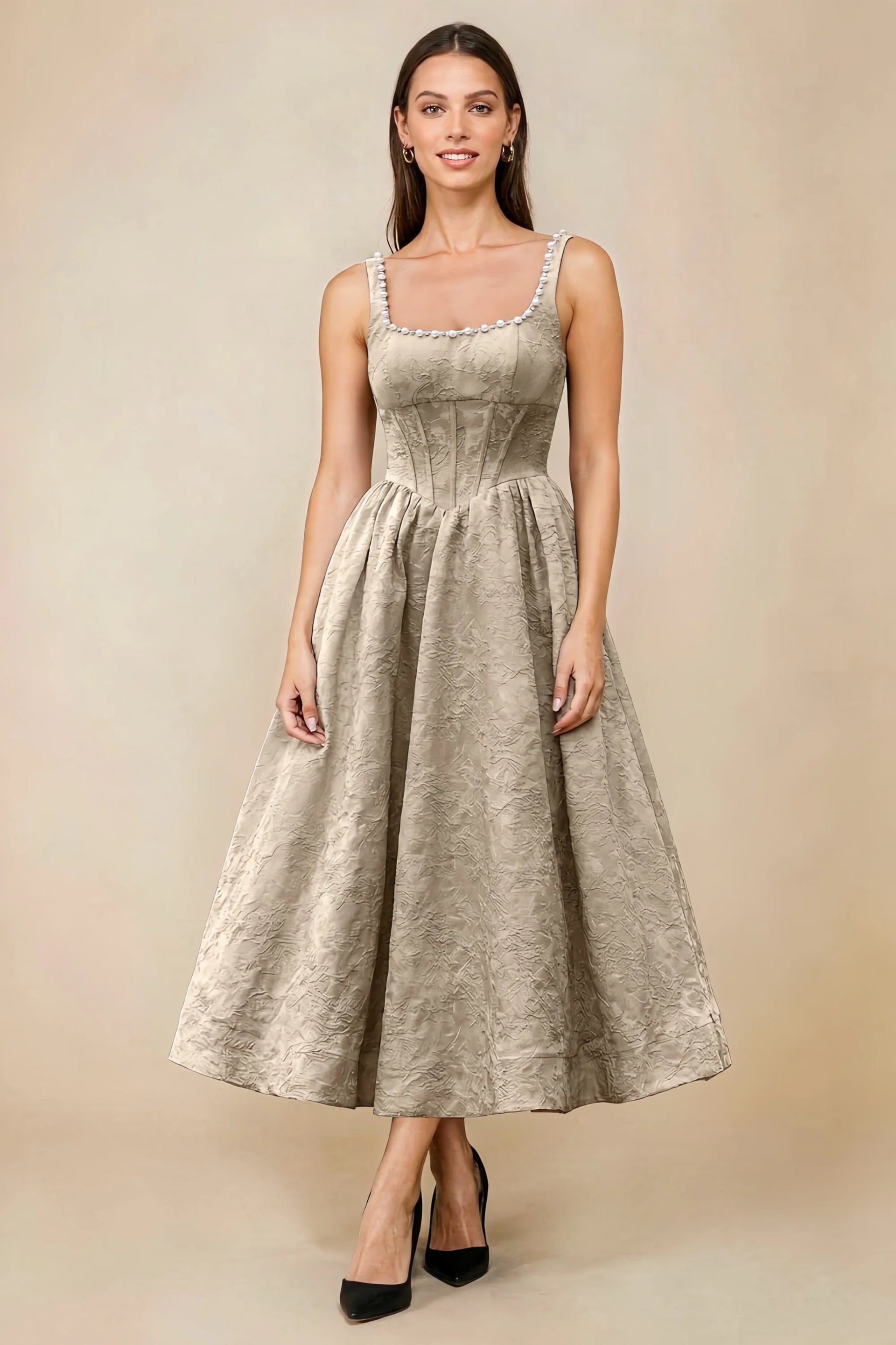 Alberta Light Apricot Jacquard Square Neck Midi Dress with Pearl