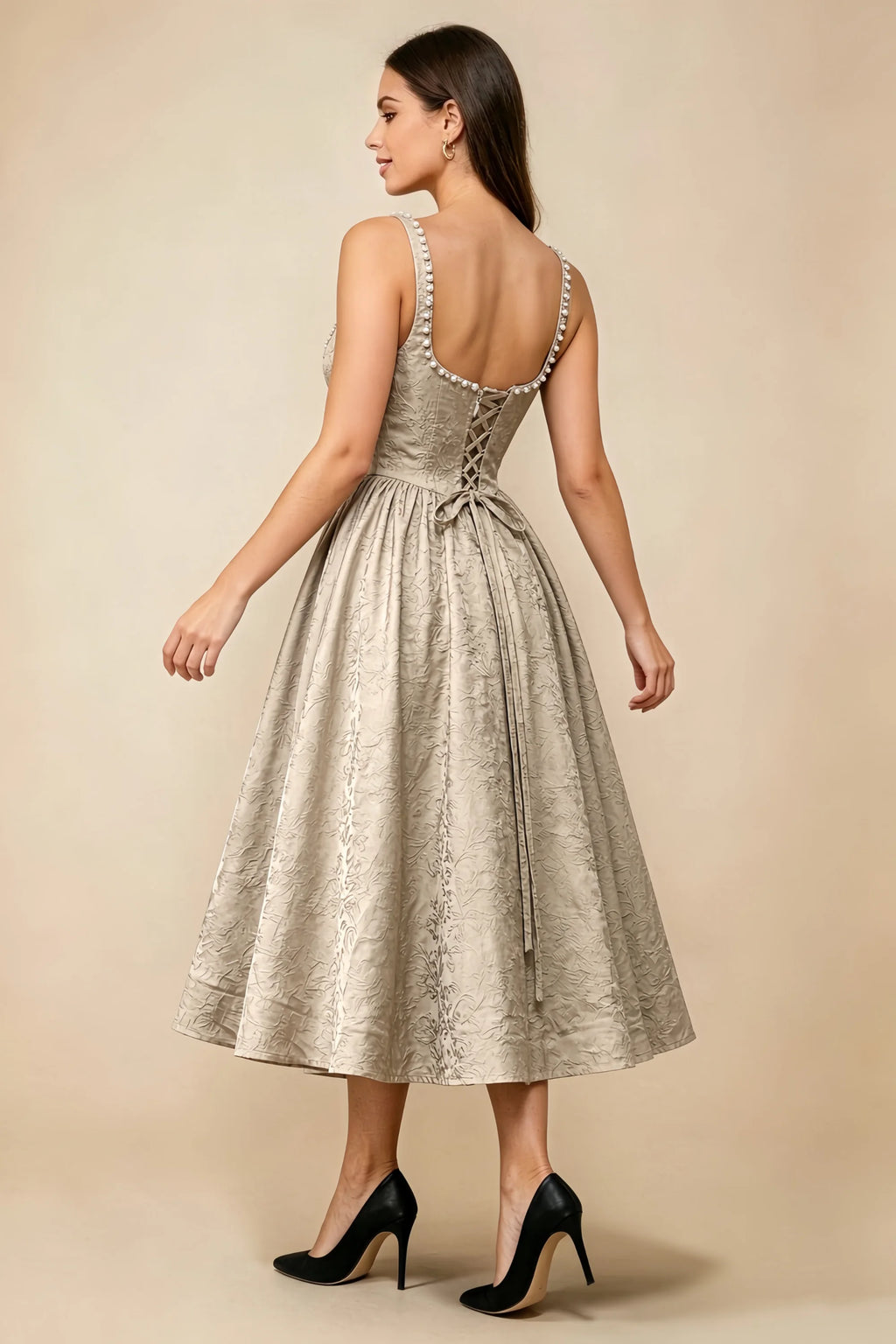 Alberta Light Apricot Jacquard Square Neck Midi Dress with Pearl