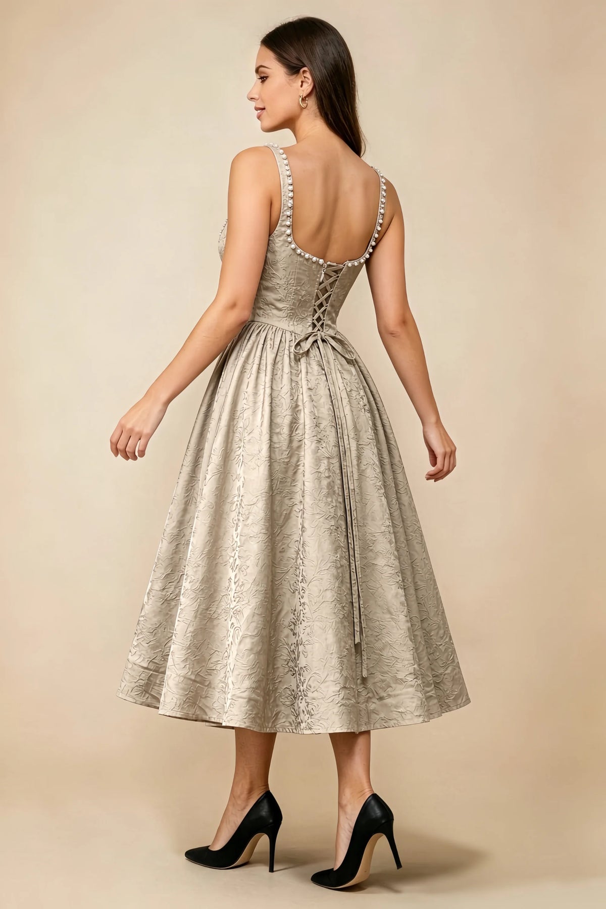 Alberta Light Apricot Jacquard Square Neck Midi Dress with Pearl
