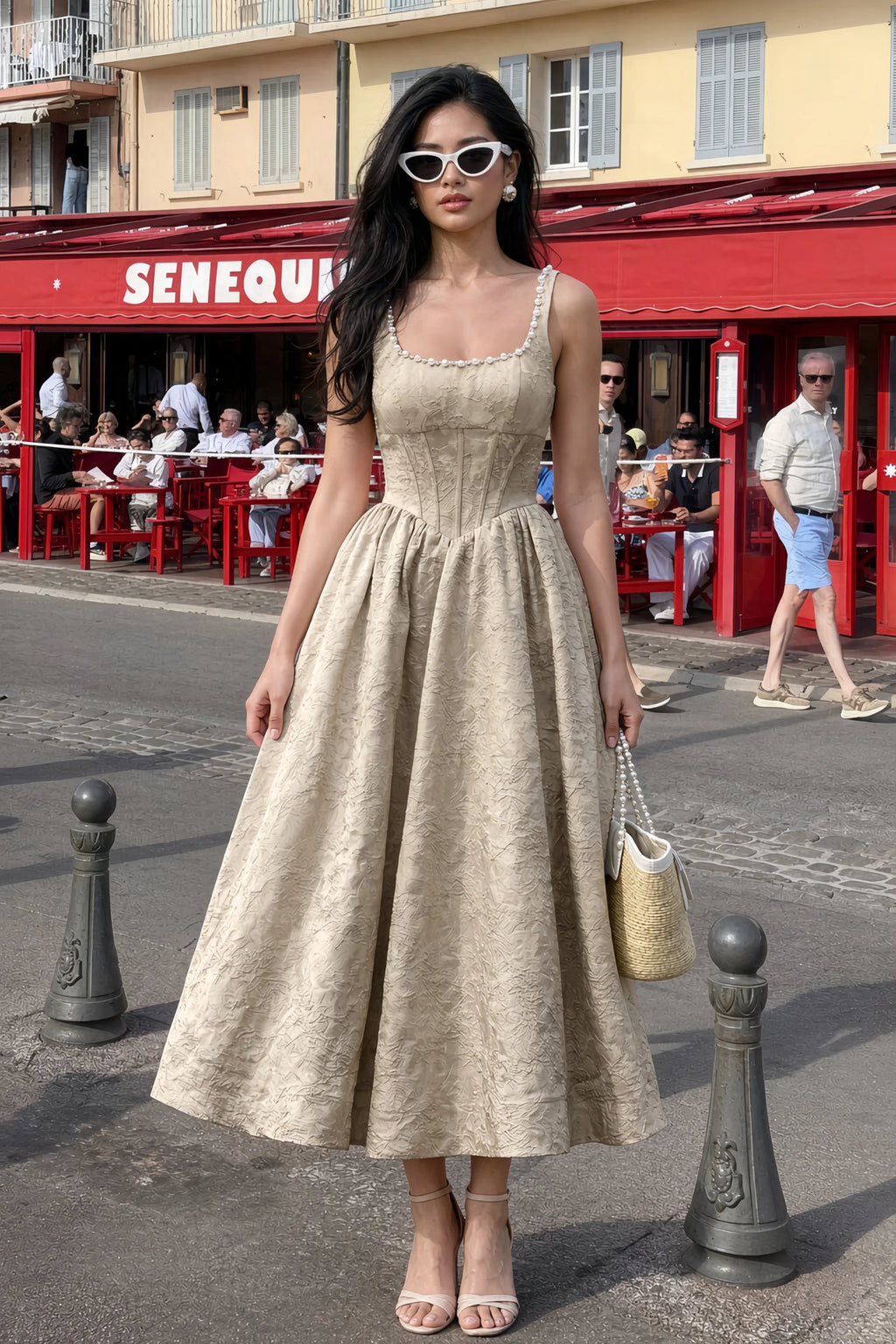 Alberta Light Apricot Jacquard Square Neck Midi Dress with Pearl