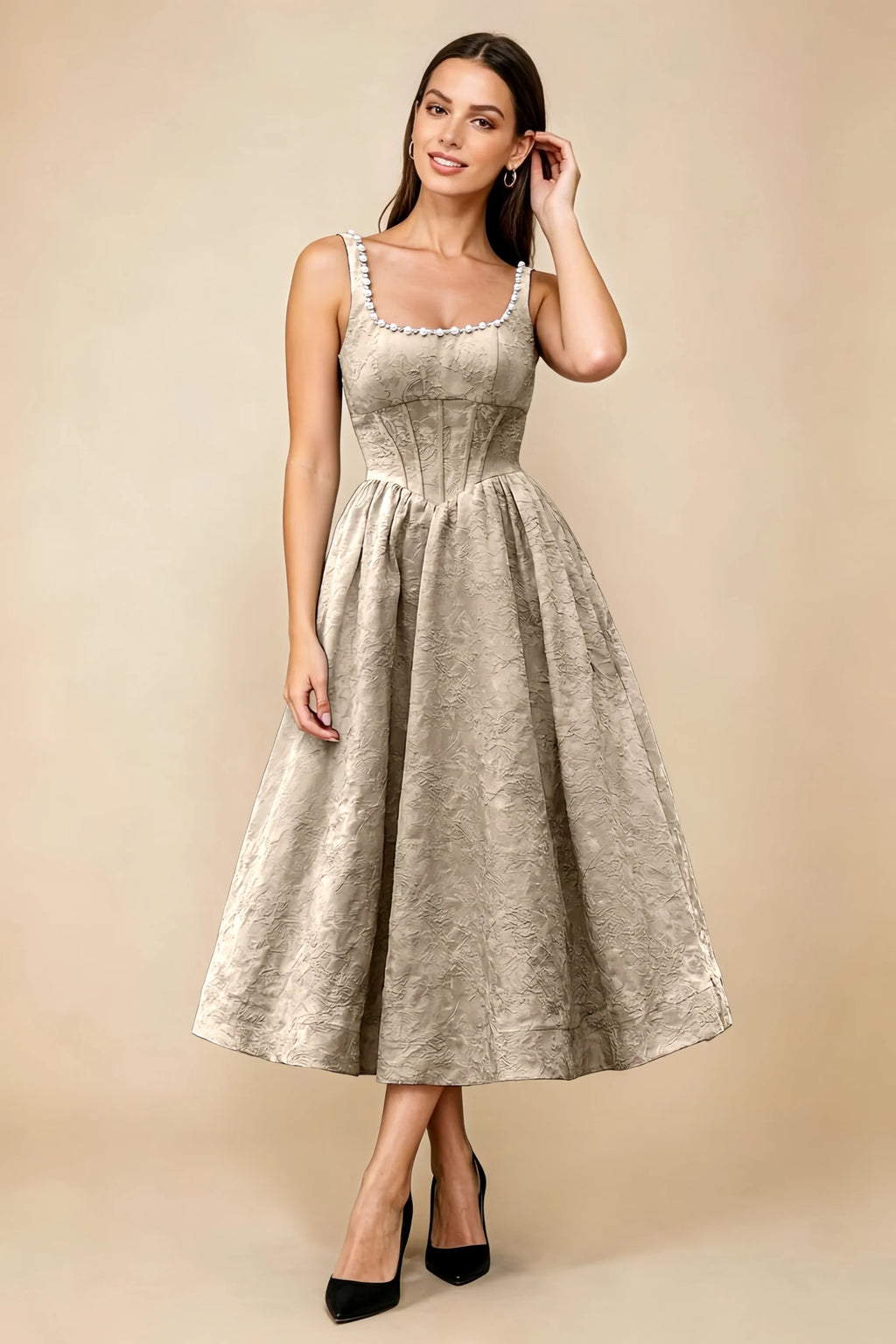 Alberta Light Apricot Jacquard Square Neck Midi Dress with Pearl