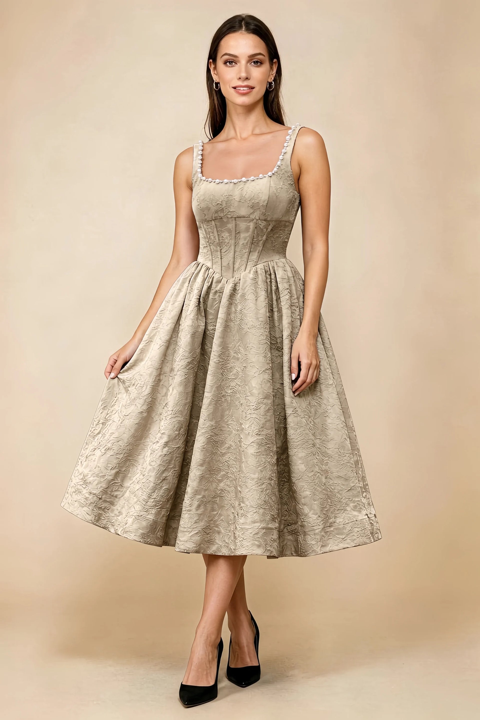 Alberta Light Apricot Jacquard Square Neck Midi Dress with Pearl