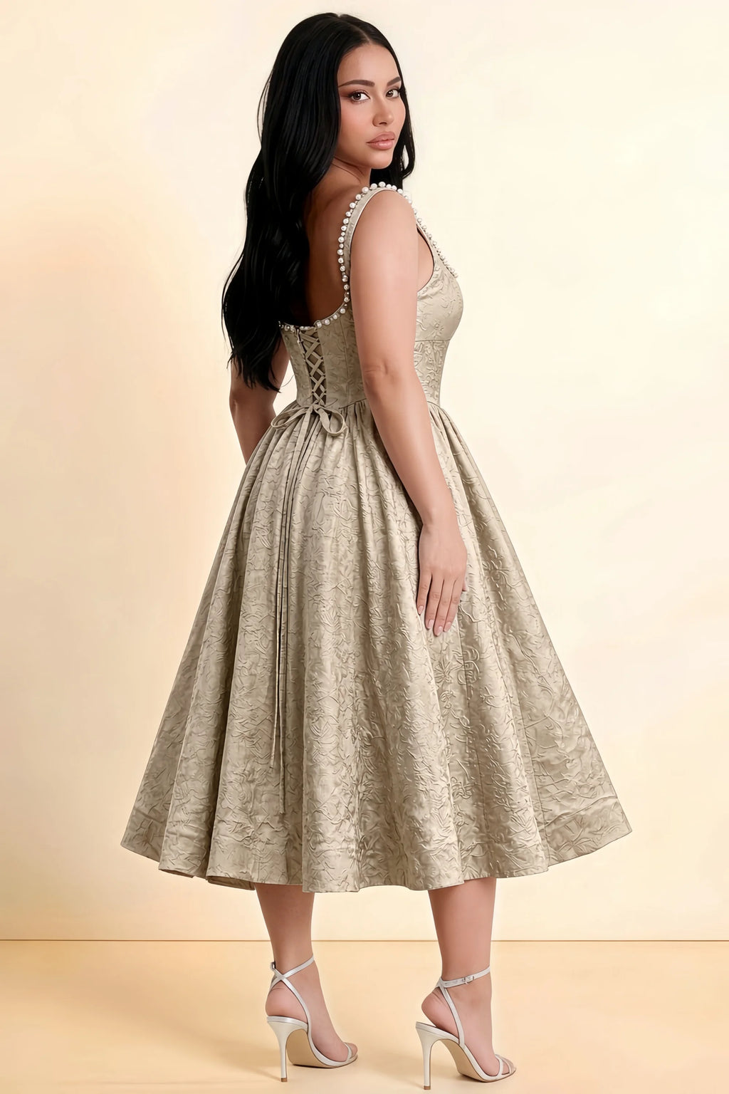 Alberta Light Apricot Jacquard Square Neck Midi Dress with Pearl
