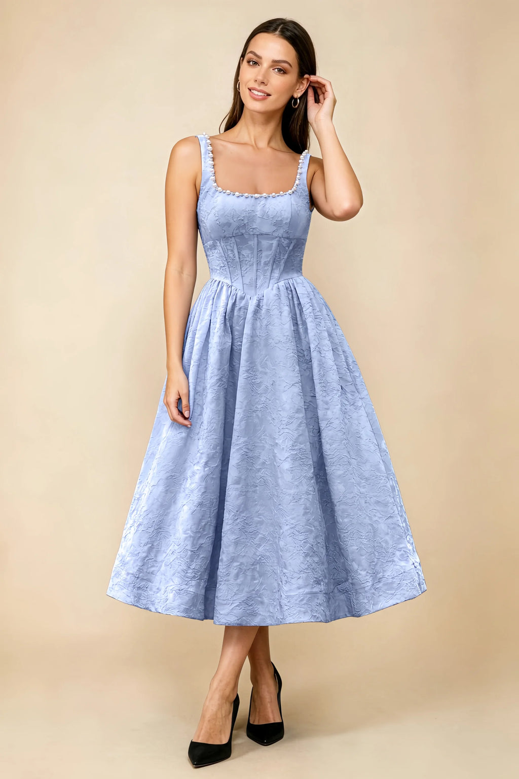 Alberta Light Blue Jacquard Square Neck Midi Dress with Pearl