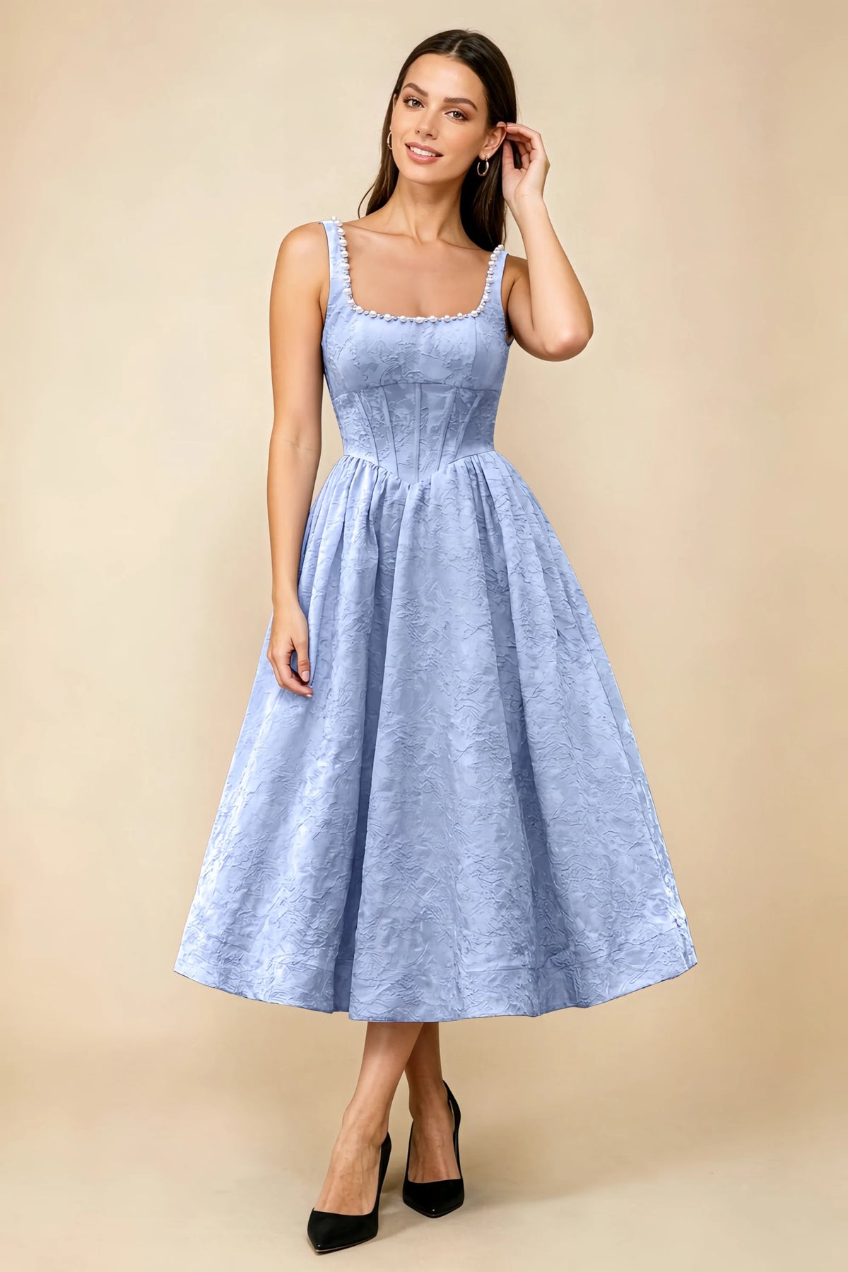 Alberta Light Blue Jacquard Square Neck Midi Dress with Pearl Main image