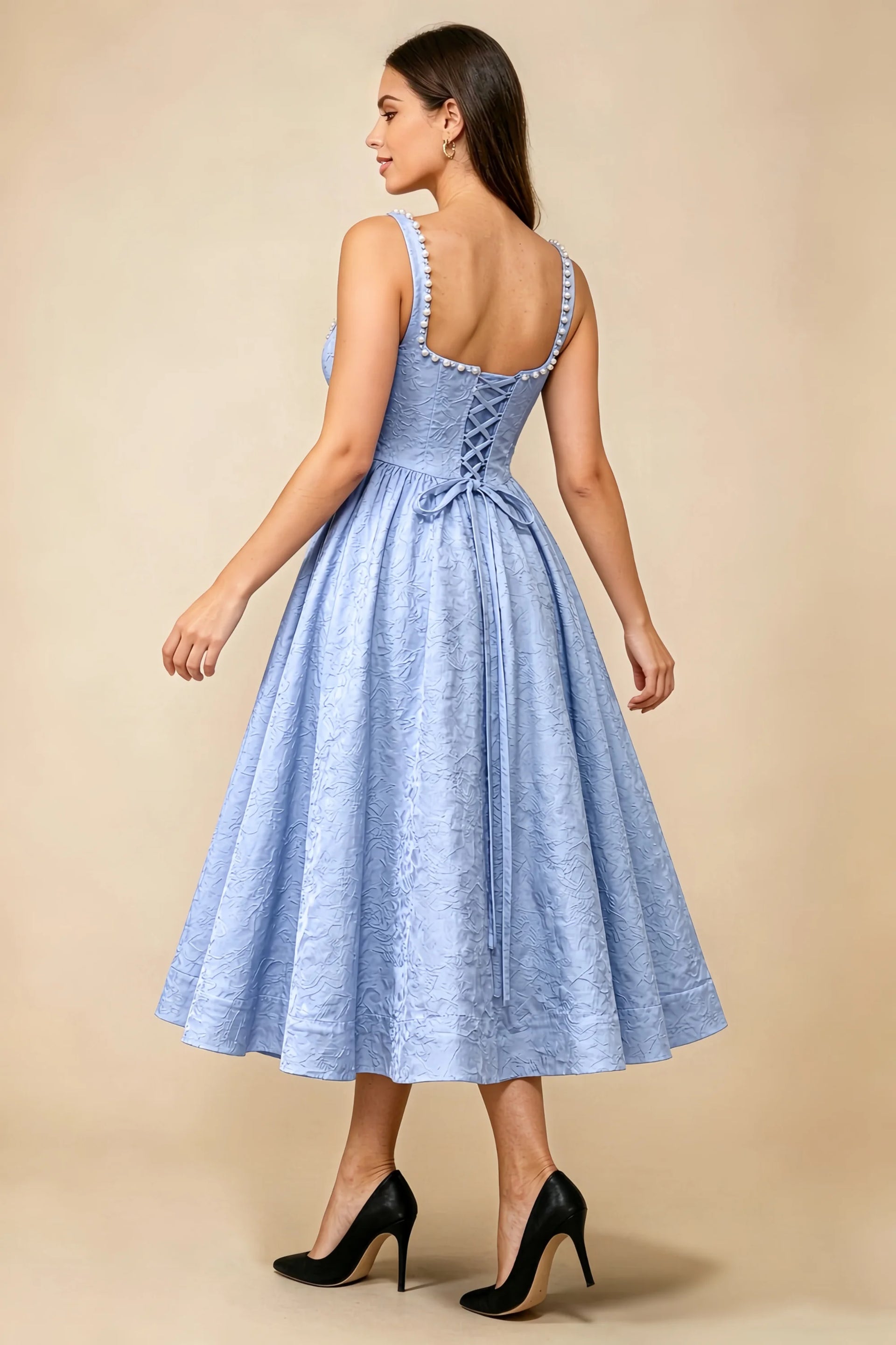 Alberta Light Blue Jacquard Square Neck Midi Dress with Pearl