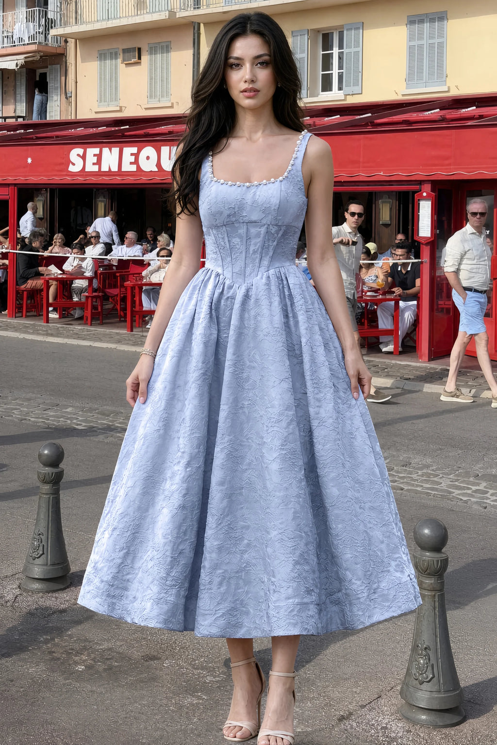 Alberta Light Blue Jacquard Square Neck Midi Dress with Pearl