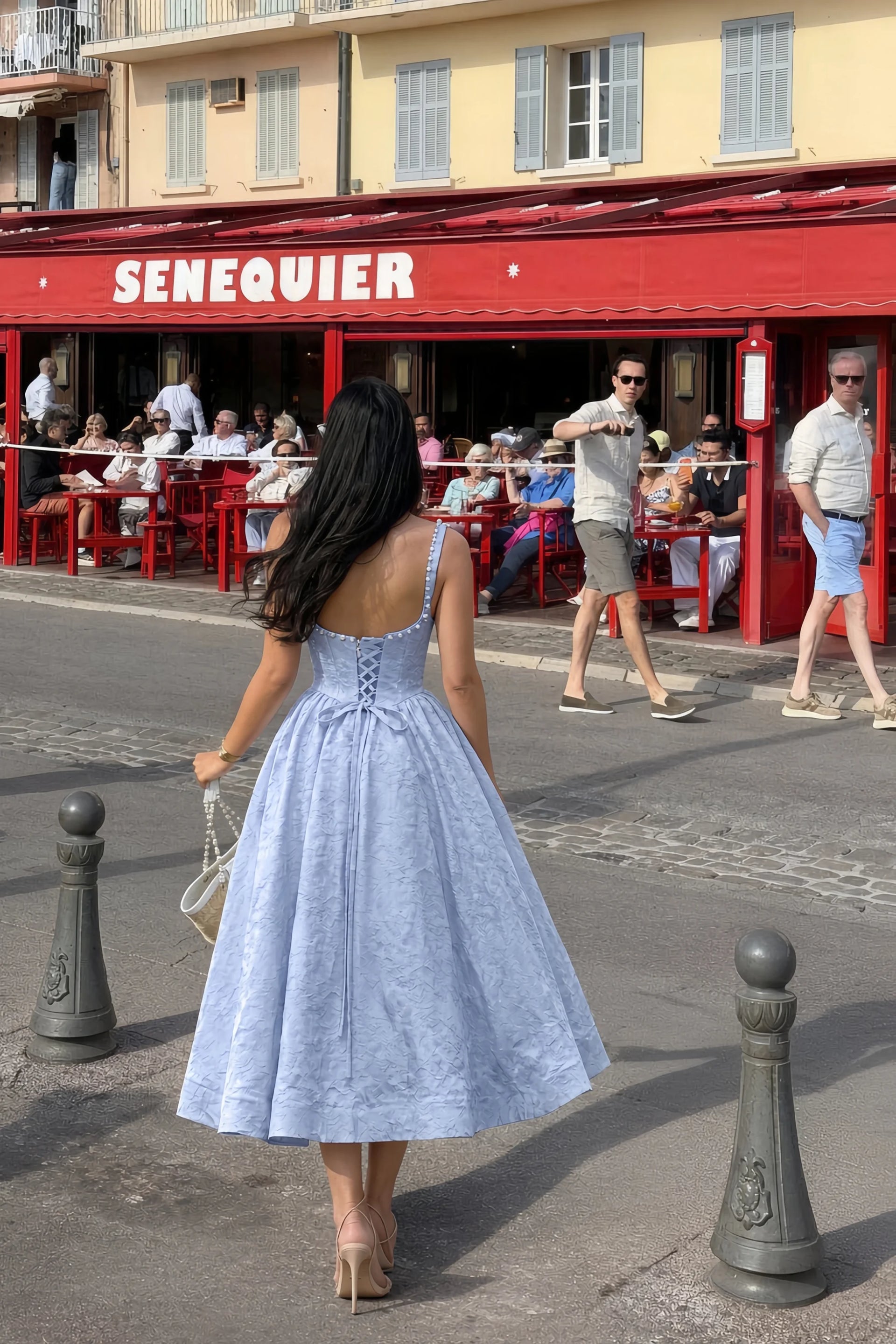 Alberta Light Blue Jacquard Square Neck Midi Dress with Pearl