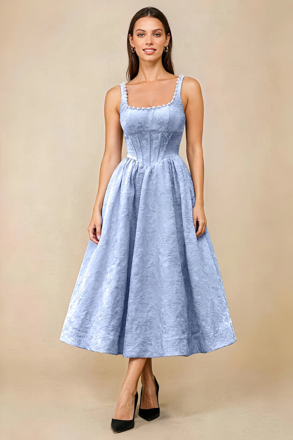 Alberta Light Blue Jacquard Square Neck Midi Dress with Pearl