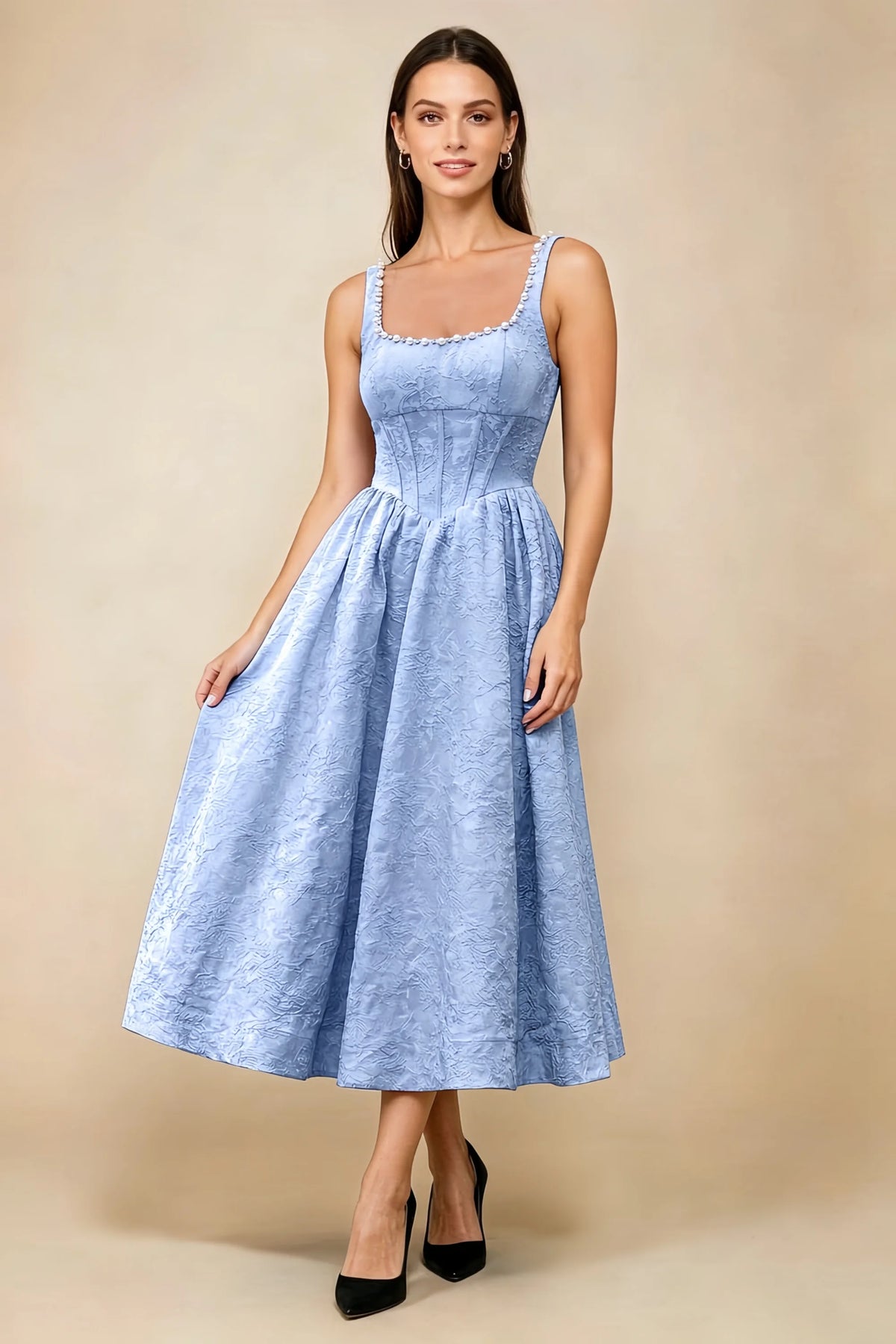 Alberta Light Blue Jacquard Square Neck Midi Dress with Pearl