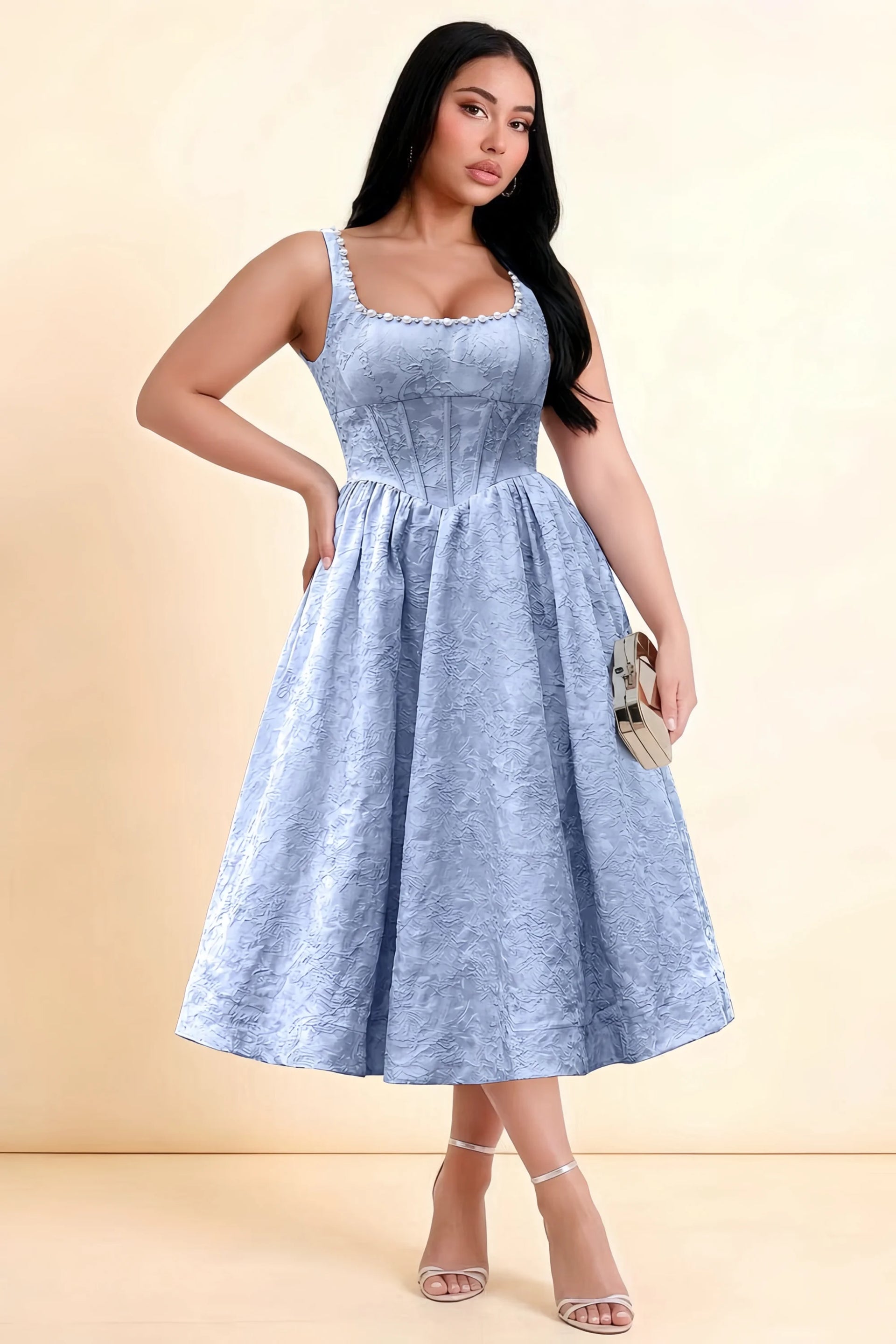 Alberta Light Blue Jacquard Square Neck Midi Dress with Pearl
