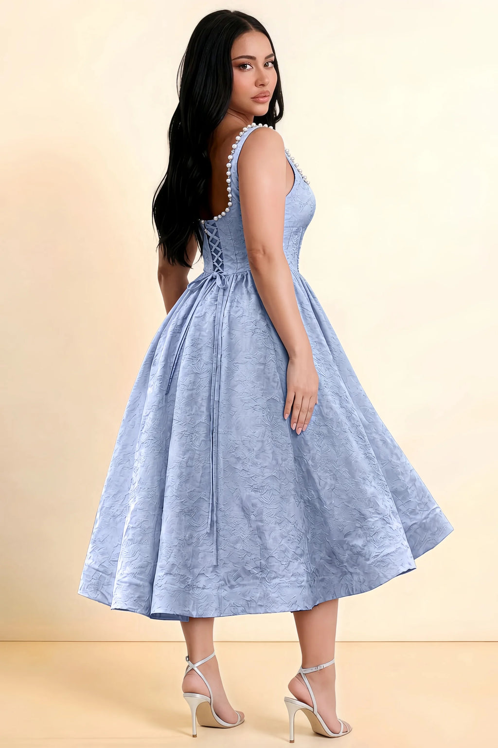 Alberta Light Blue Jacquard Square Neck Midi Dress with Pearl