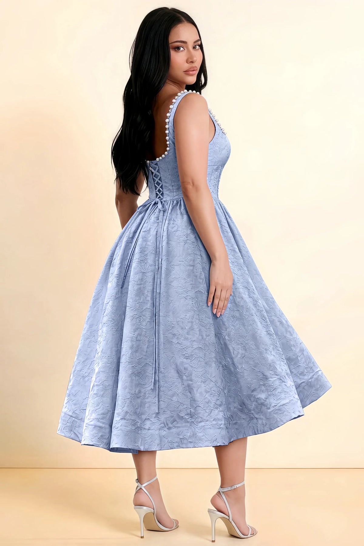 Alberta Light Blue Jacquard Square Neck Midi Dress with Pearl