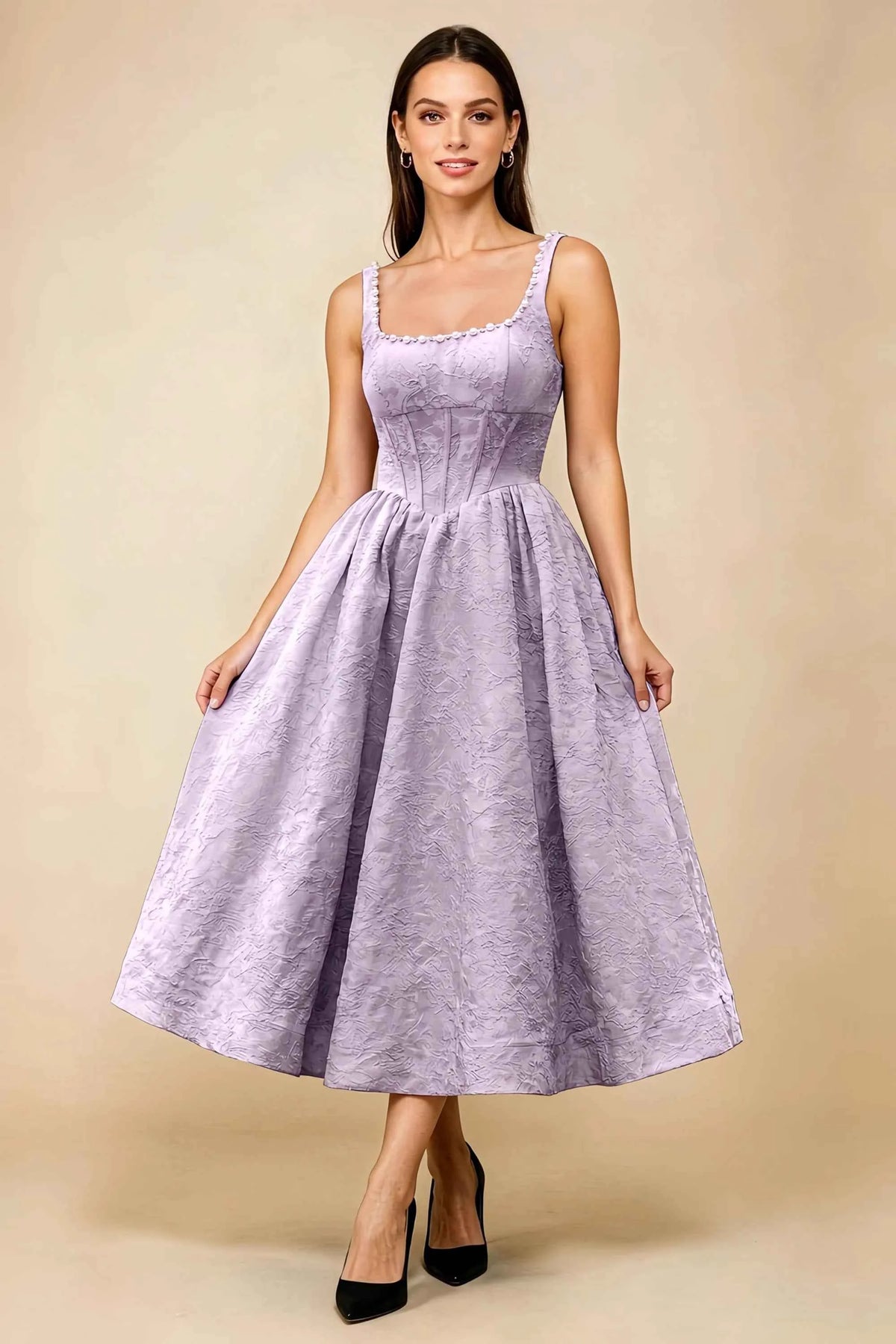Alberta Light Purple Jacquard Square Neck Midi Dress with Pearl Main image