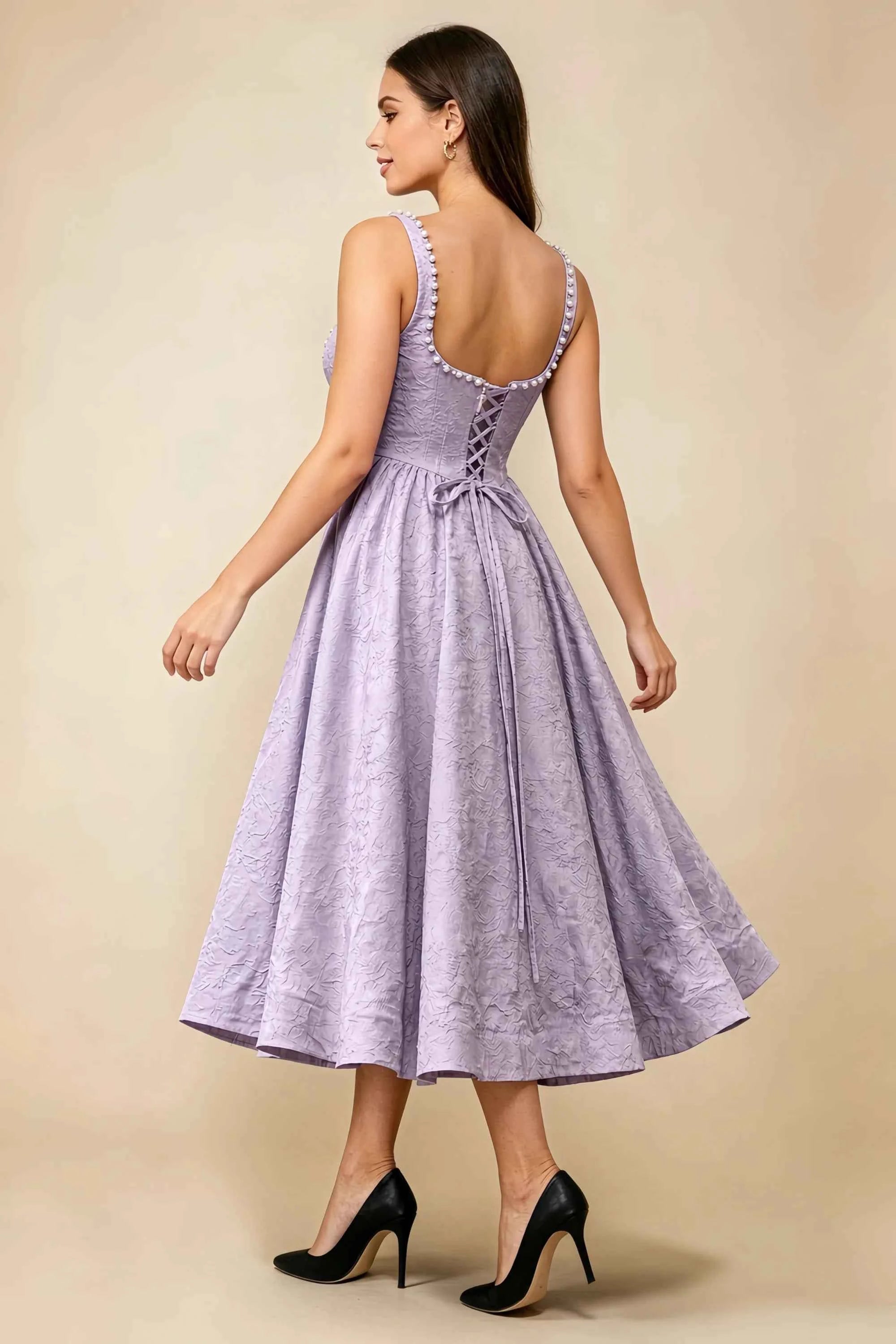Alberta Light Purple Jacquard Square Neck Midi Dress with Pearl Secondary image