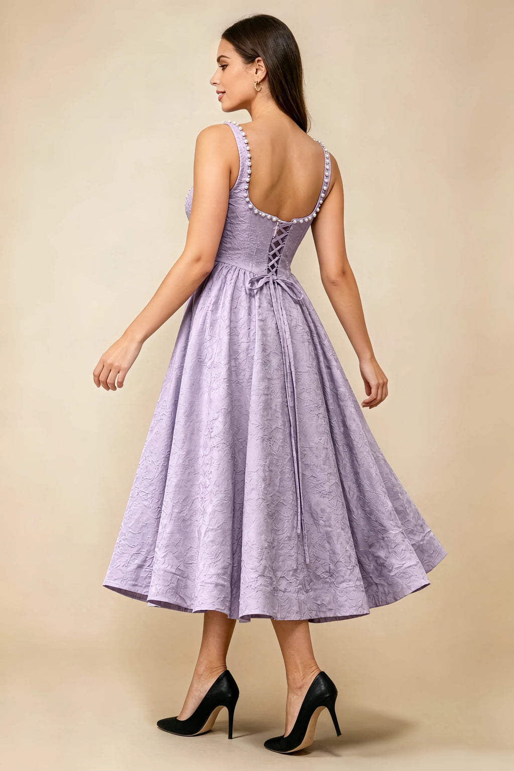 Alberta Light Purple Jacquard Square Neck Midi Dress with Pearl
