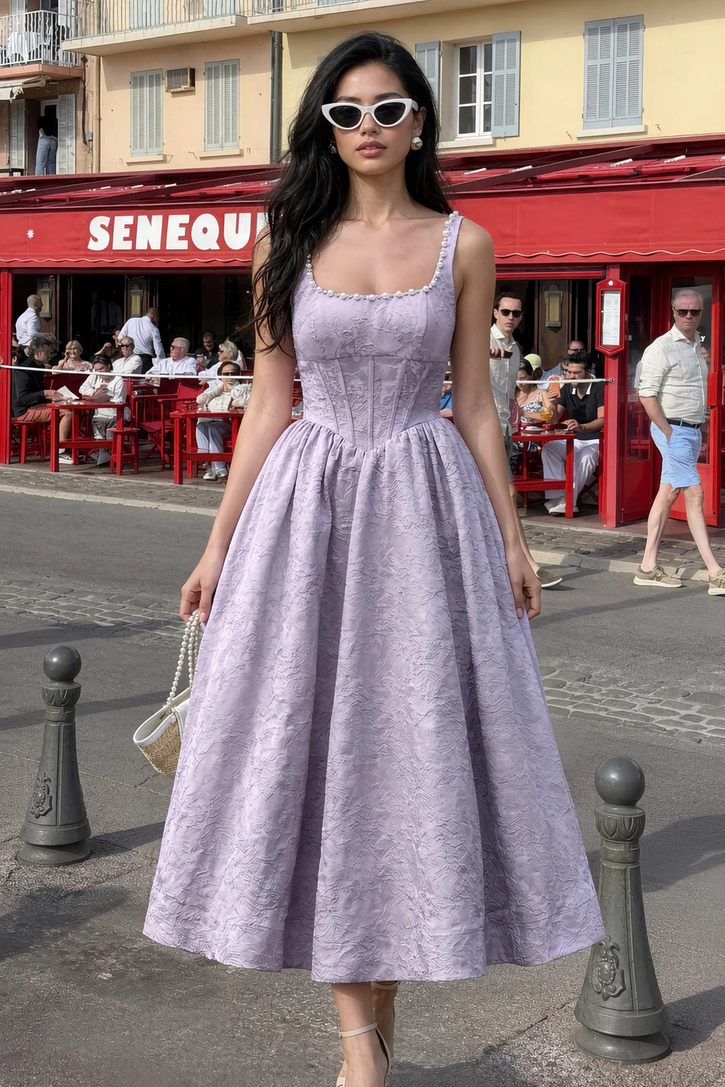 Alberta Light Purple Jacquard Square Neck Midi Dress with Pearl