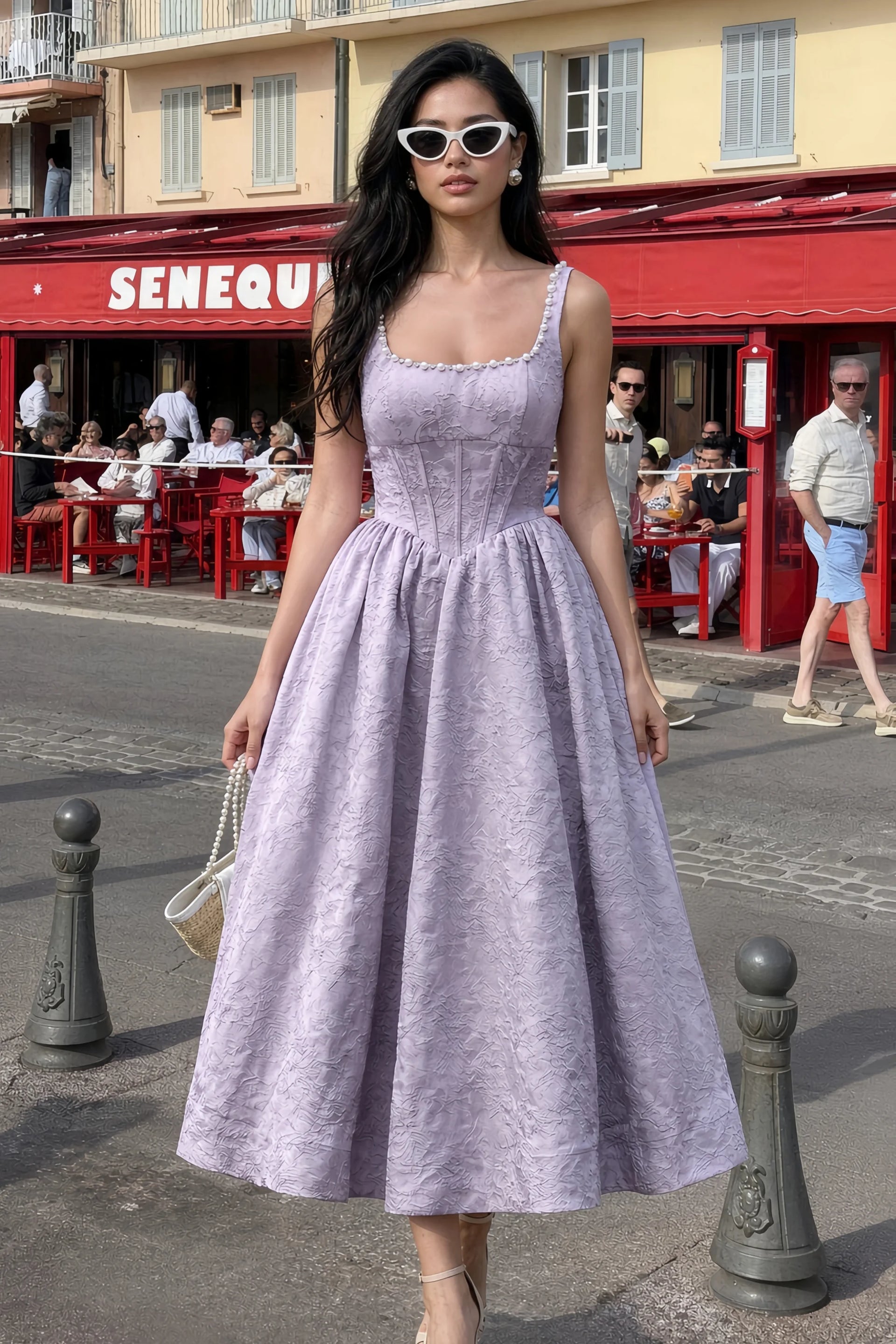 Alberta Light Purple Jacquard Square Neck Midi Dress with Pearl