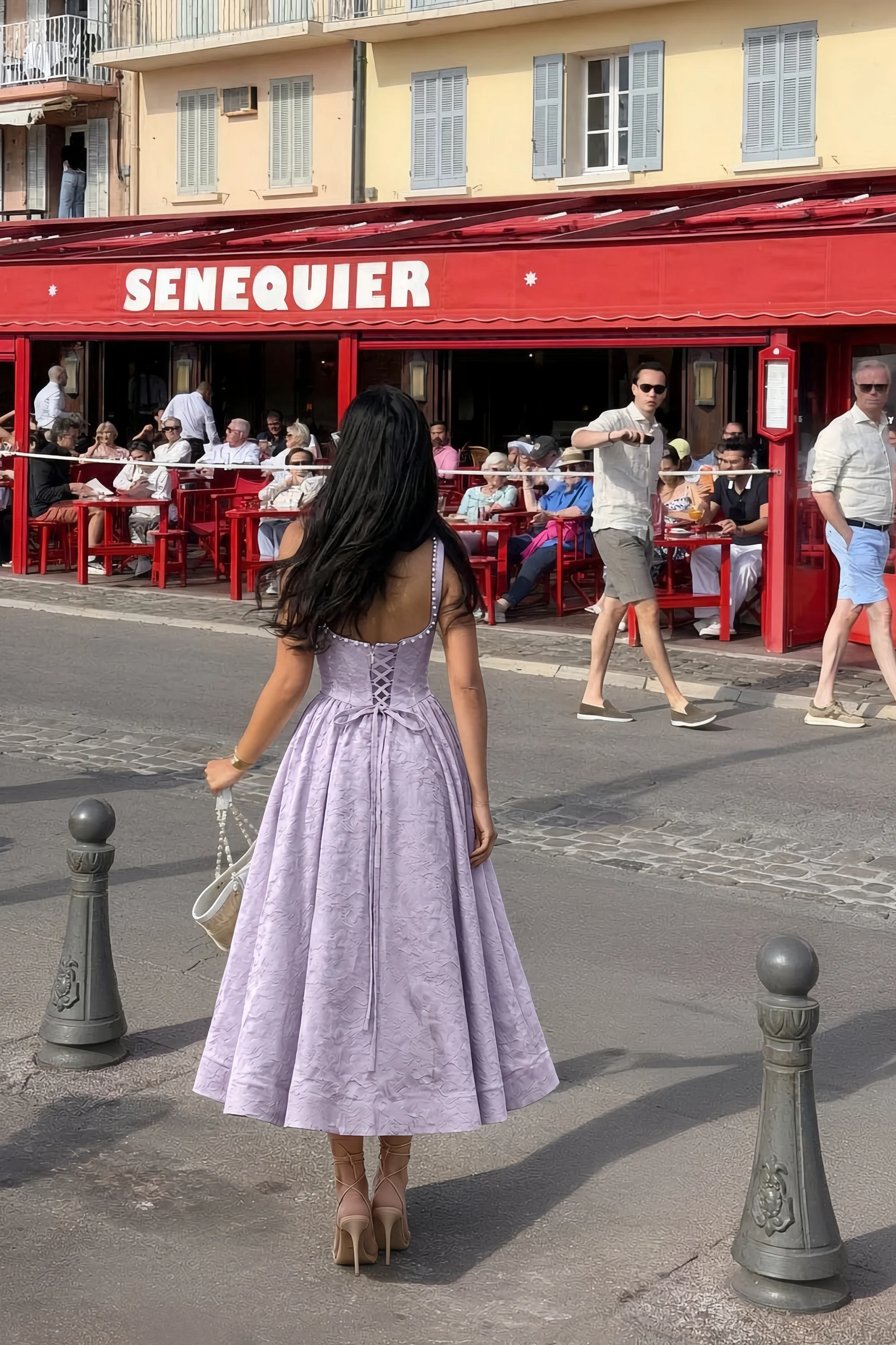 Alberta Light Purple Jacquard Square Neck Midi Dress with Pearl