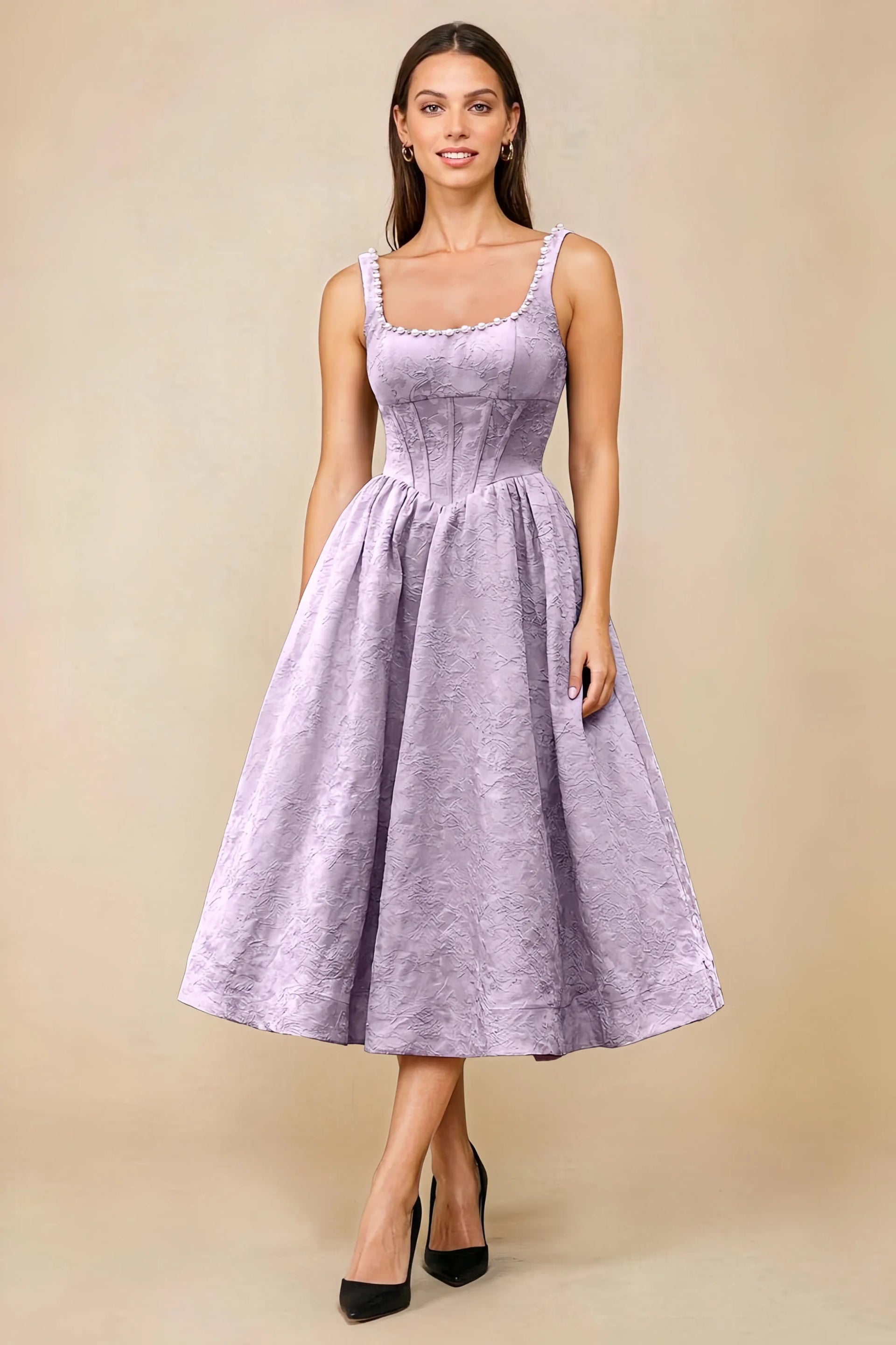 Alberta Light Purple Jacquard Square Neck Midi Dress with Pearl