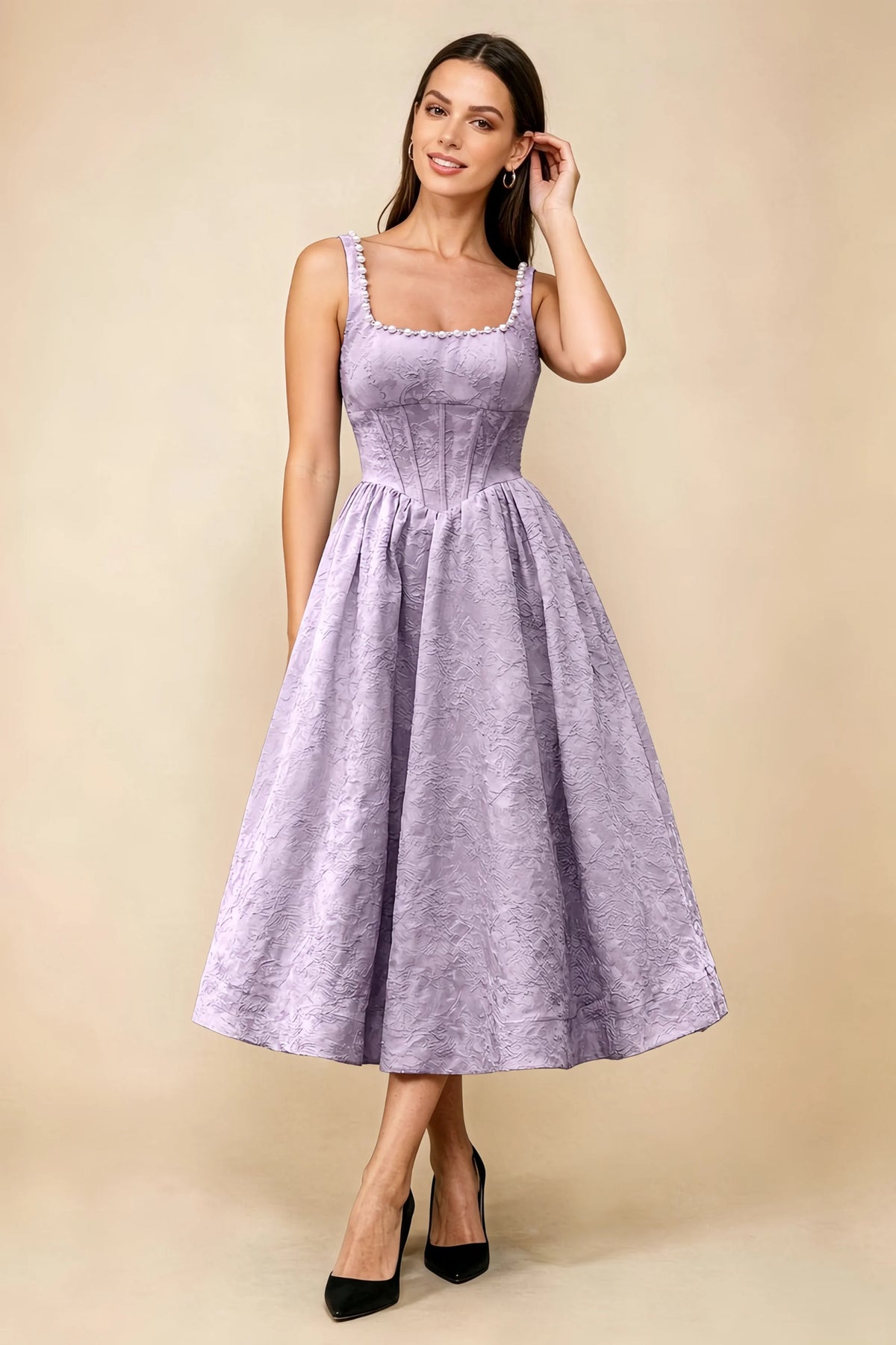 Alberta Light Purple Jacquard Square Neck Midi Dress with Pearl