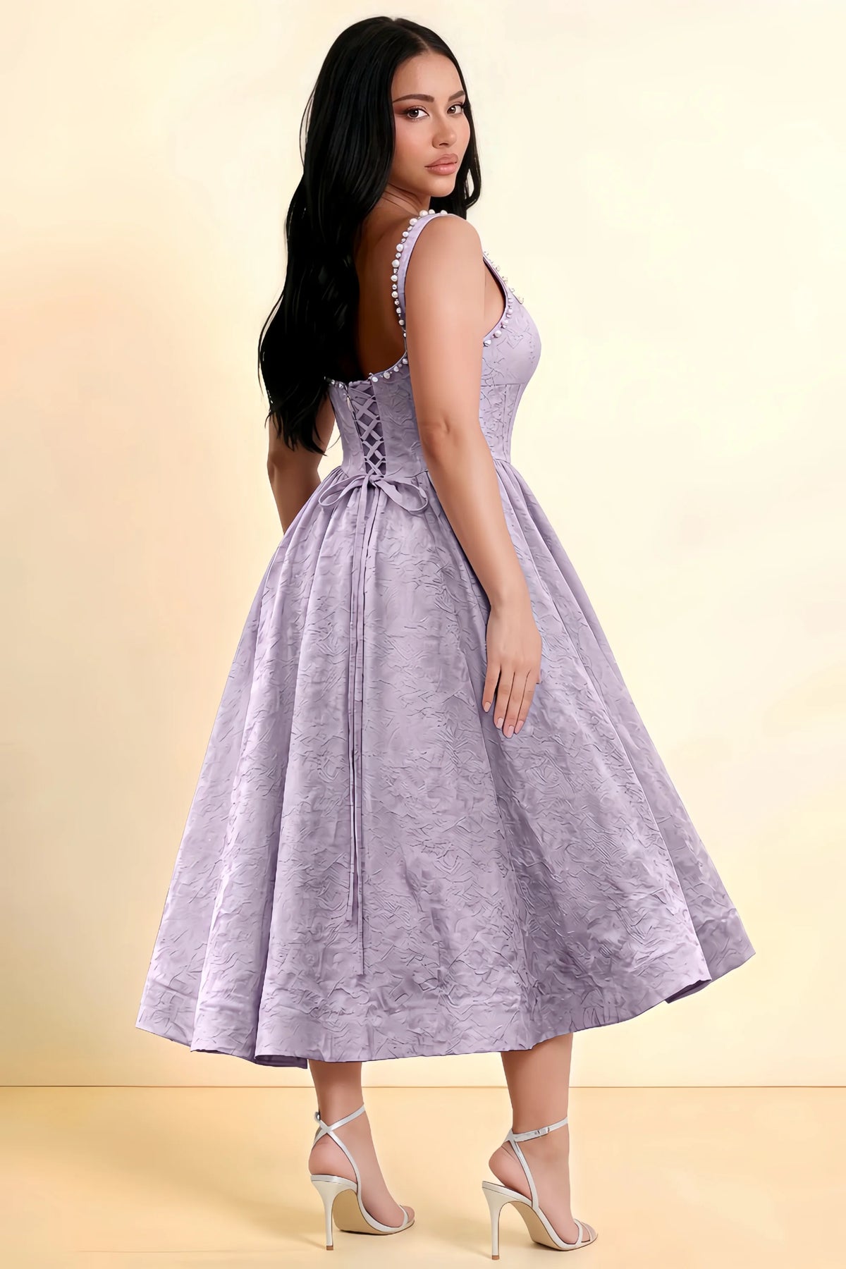 Alberta Light Purple Jacquard Square Neck Midi Dress with Pearl