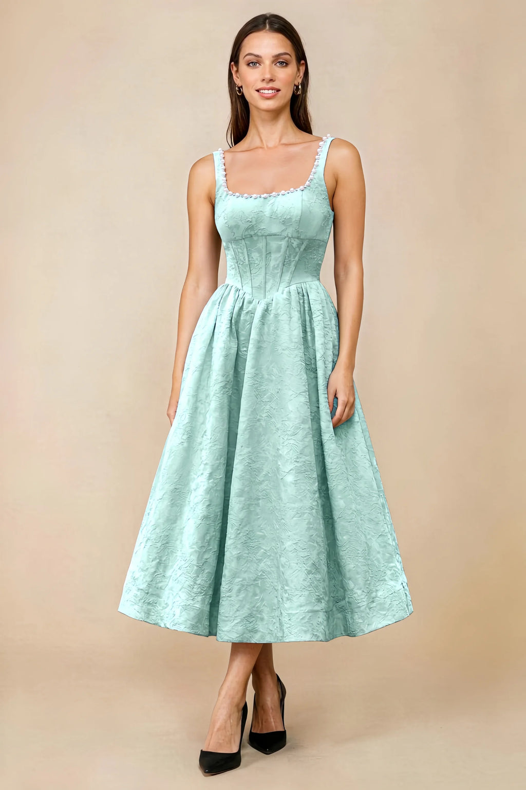 Alberta Mint Jacquard Square Neck Midi Dress with Pearl