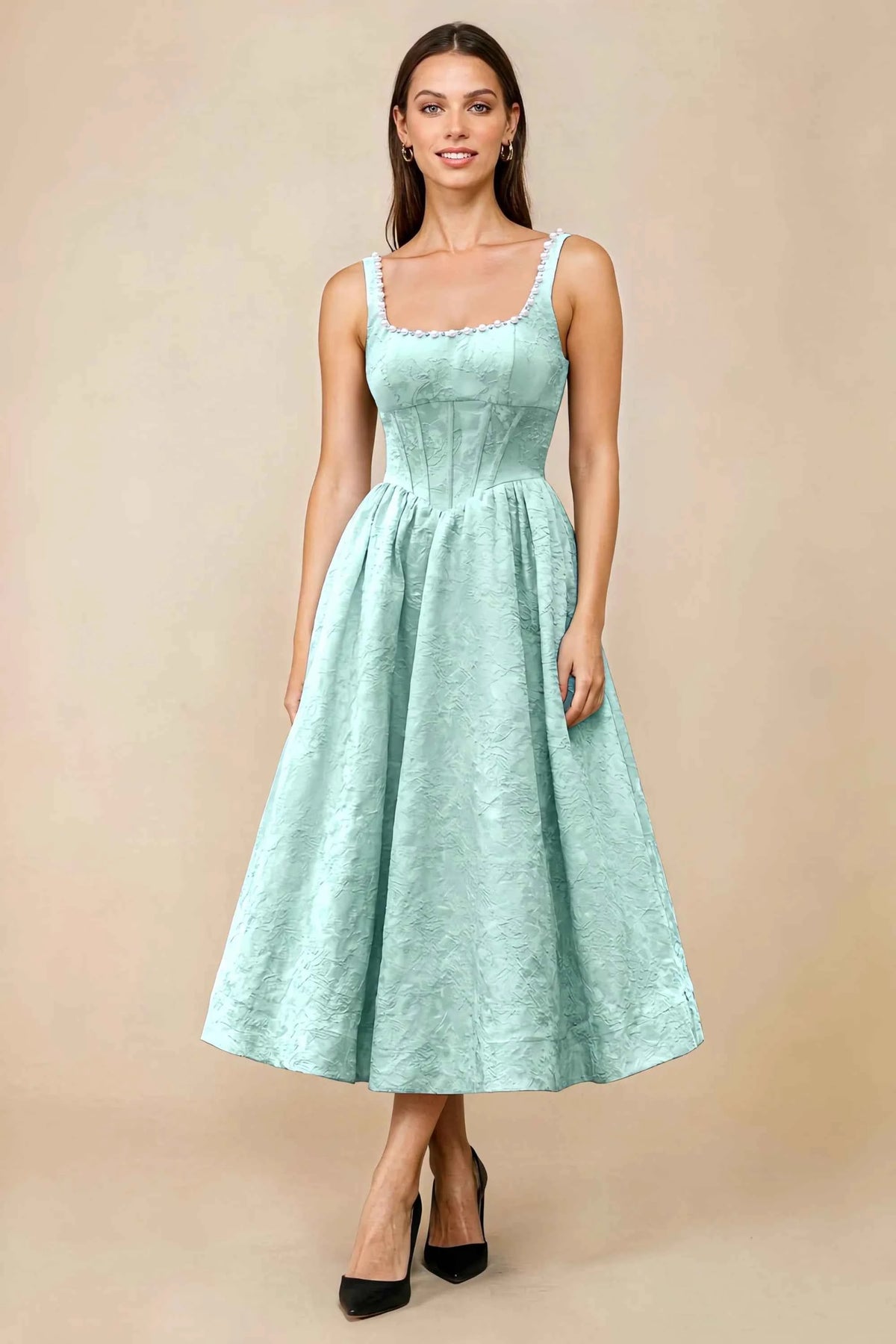 Alberta Mint Jacquard Square Neck Midi Dress with Pearl Main image