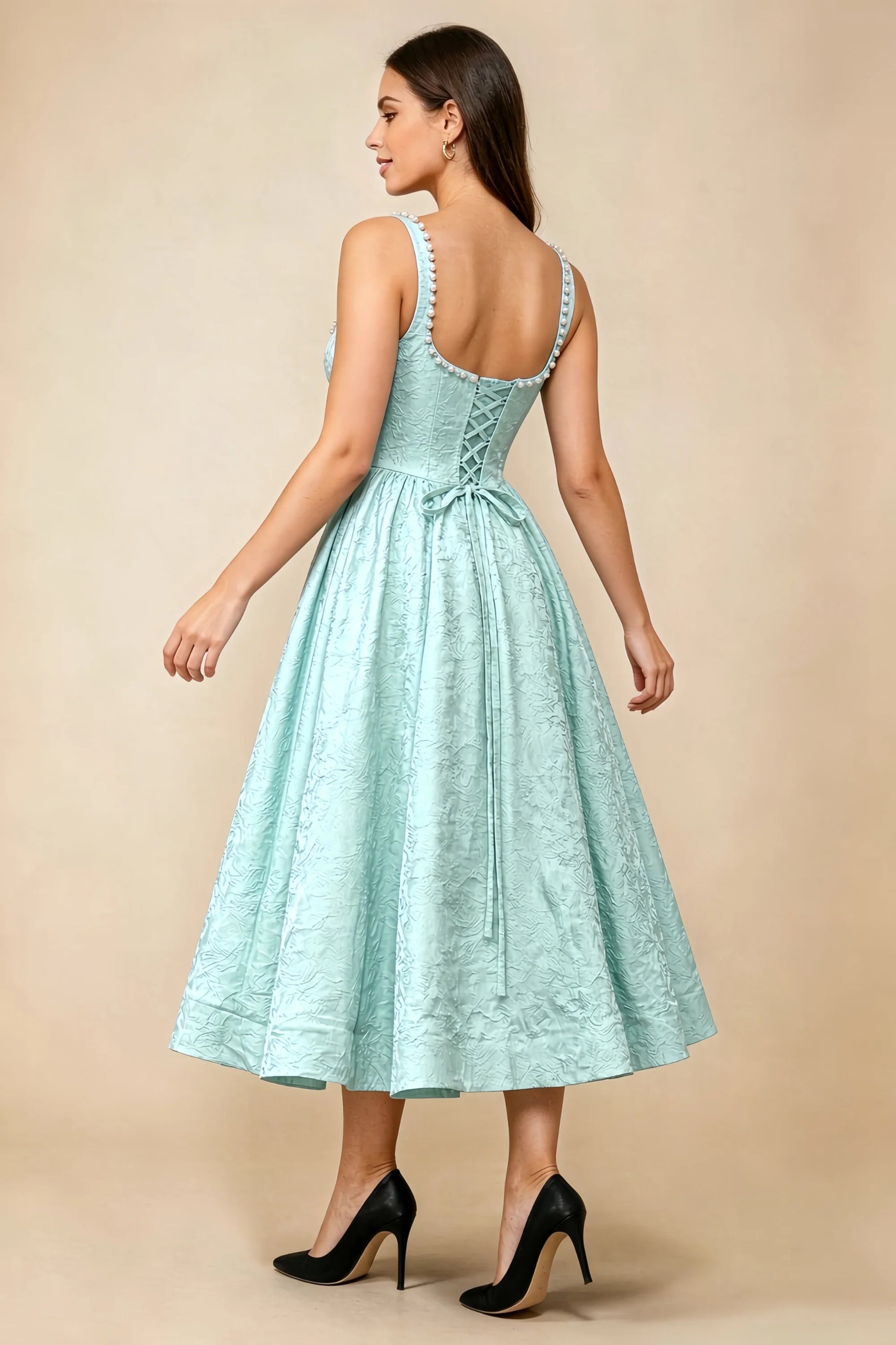 Alberta Mint Jacquard Square Neck Midi Dress with Pearl