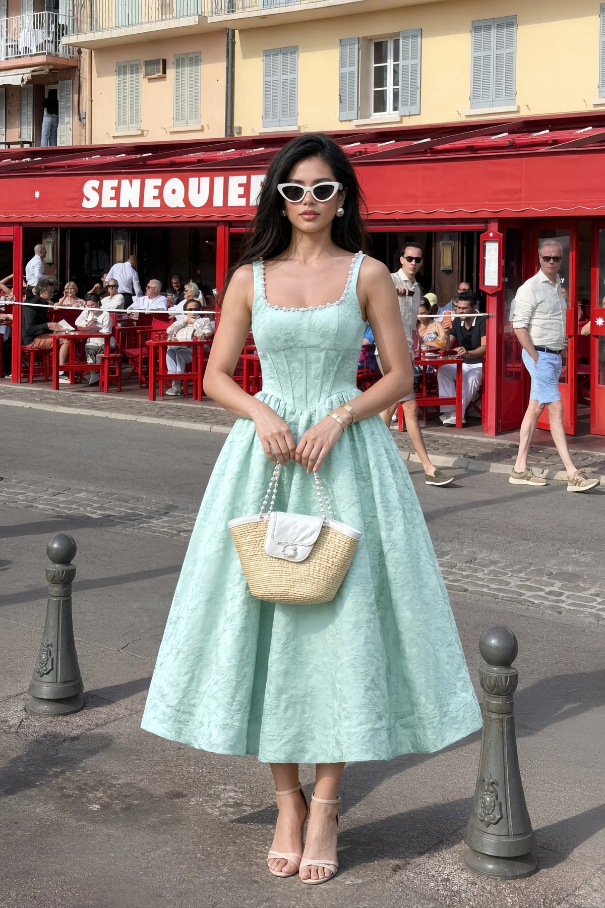 Alberta Mint Jacquard Square Neck Midi Dress with Pearl