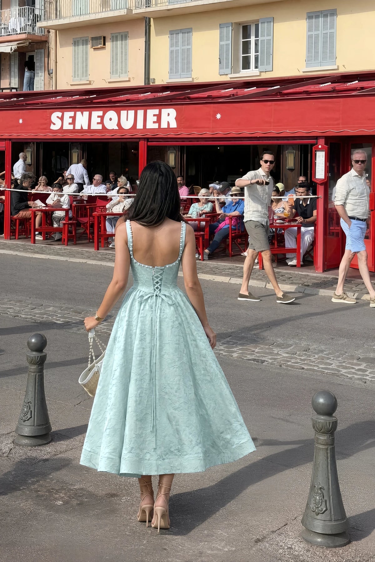 Alberta Mint Jacquard Square Neck Midi Dress with Pearl