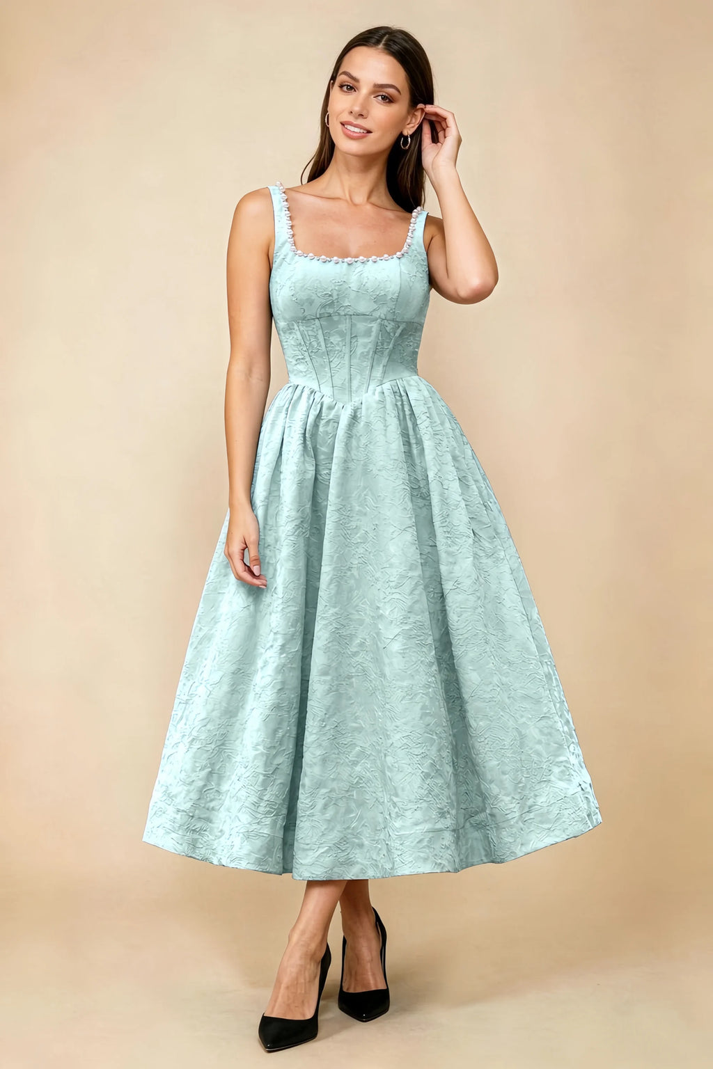 Alberta Mint Jacquard Square Neck Midi Dress with Pearl