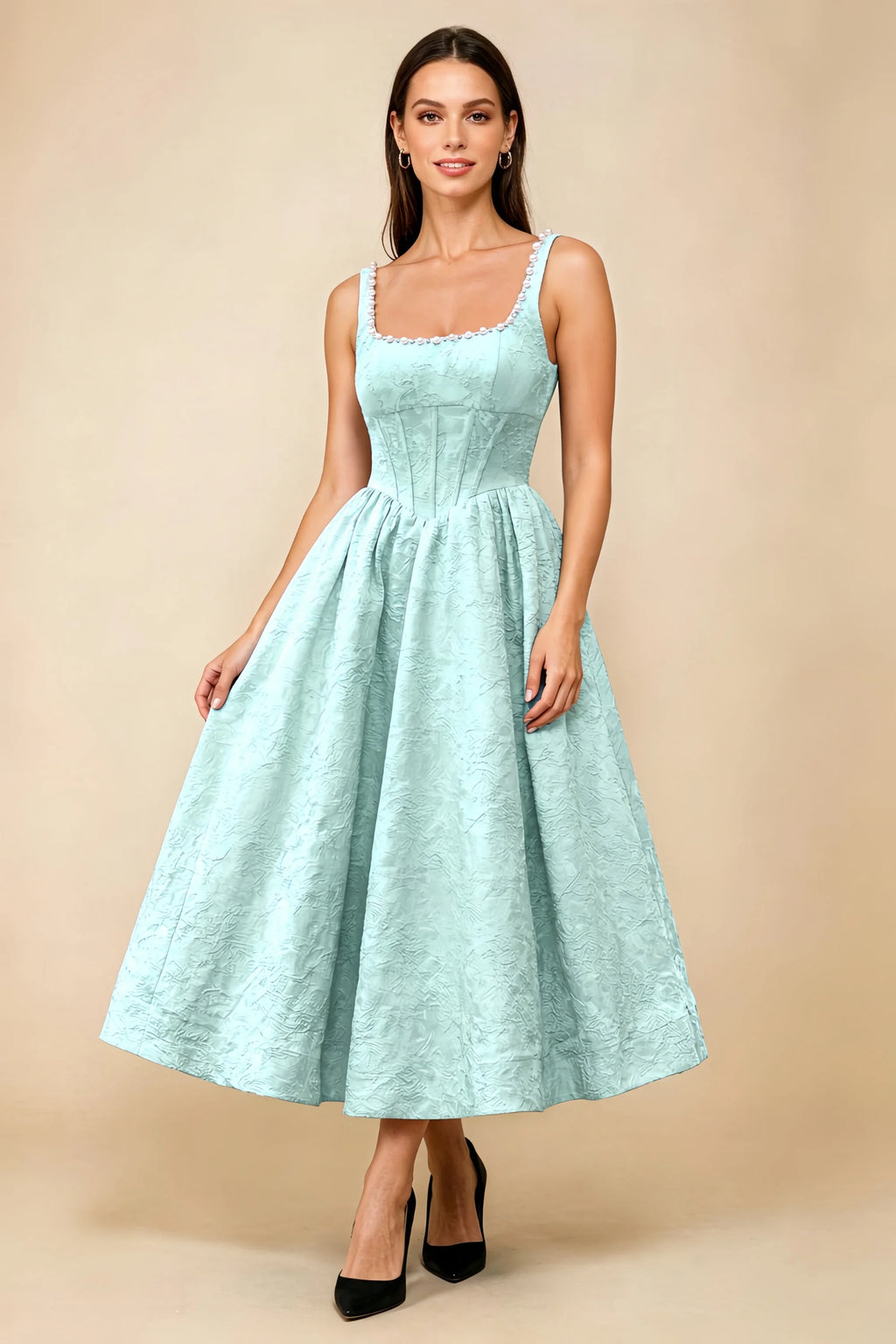 Alberta Mint Jacquard Square Neck Midi Dress with Pearl