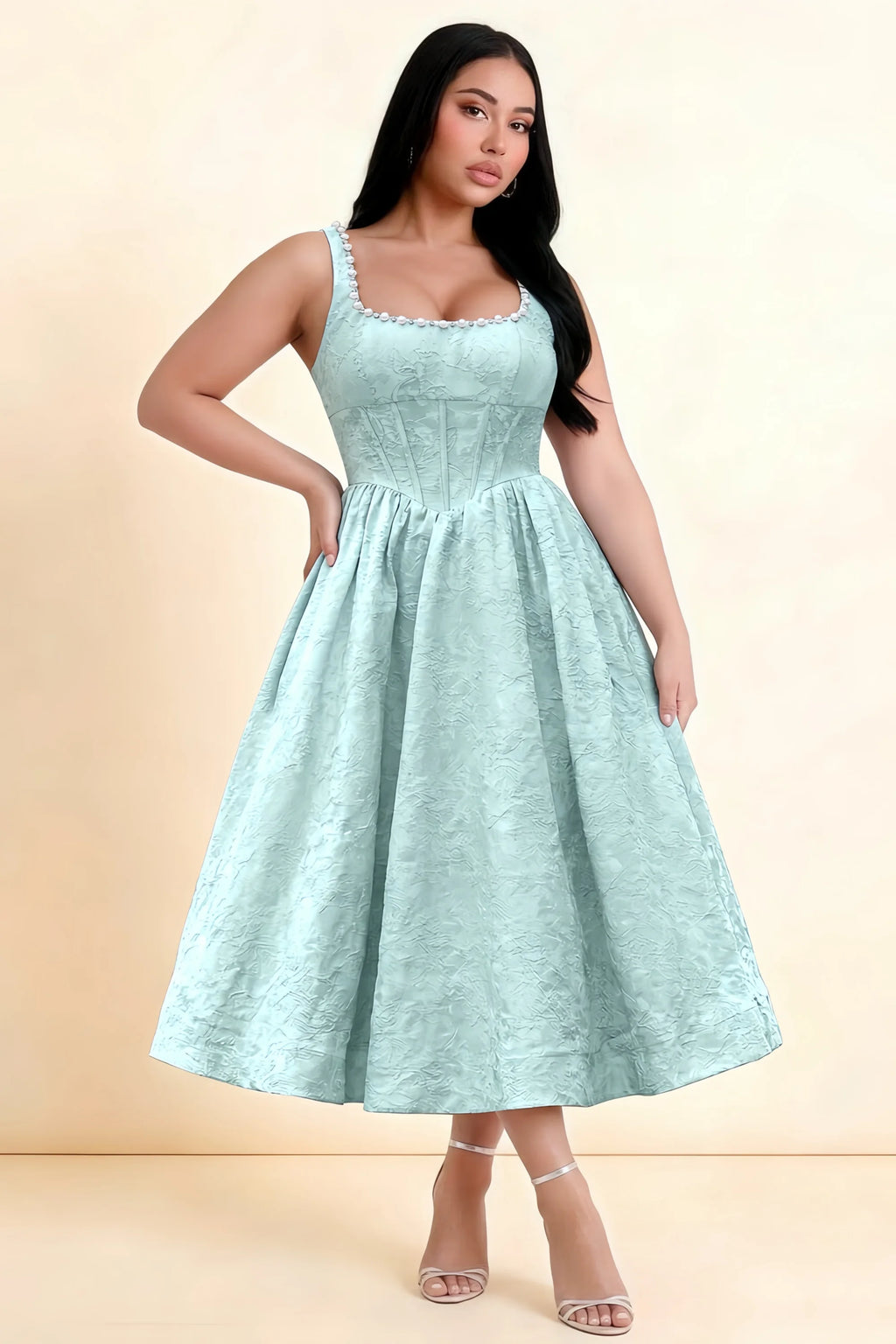 Alberta Mint Jacquard Square Neck Midi Dress with Pearl