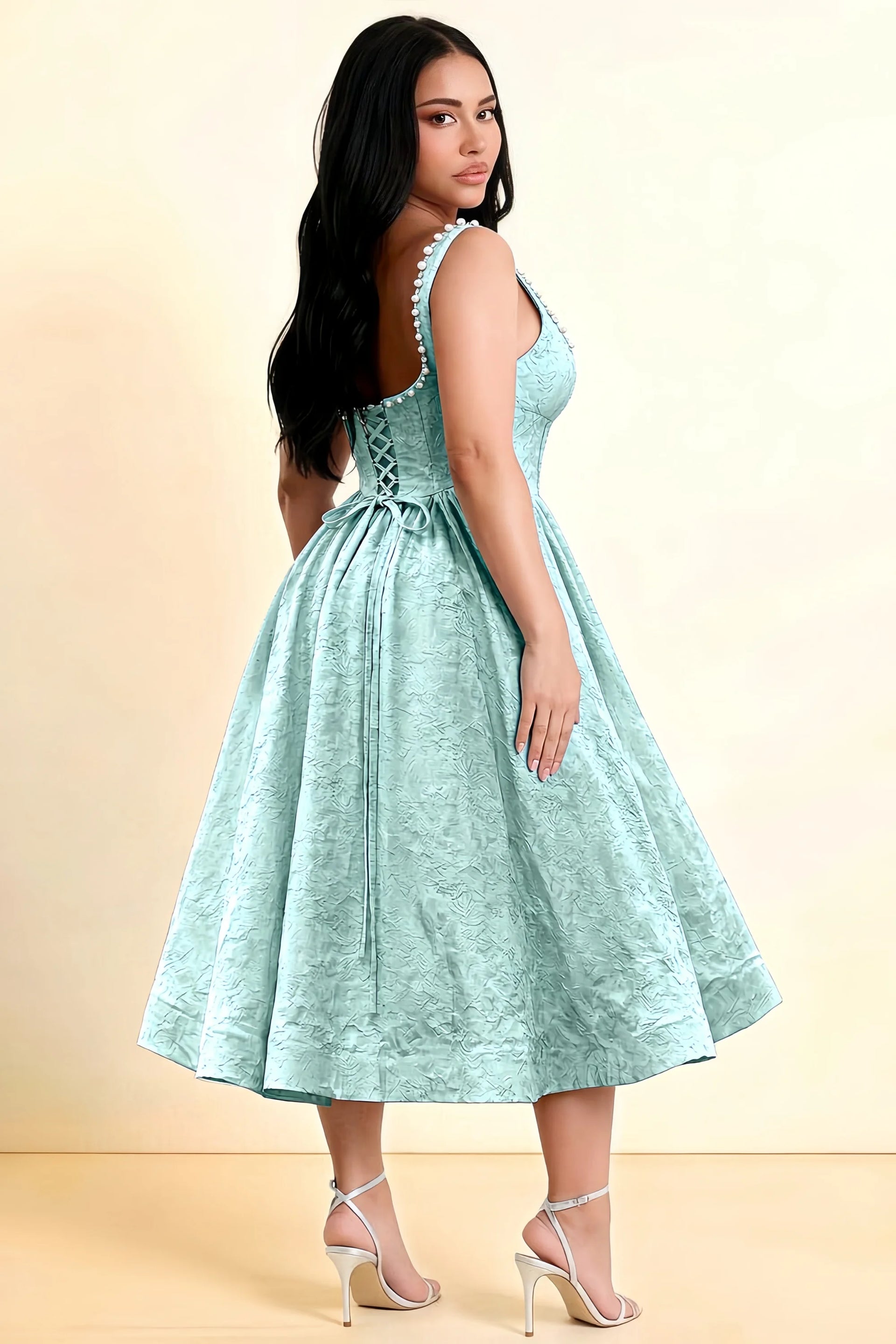 Alberta Mint Jacquard Square Neck Midi Dress with Pearl