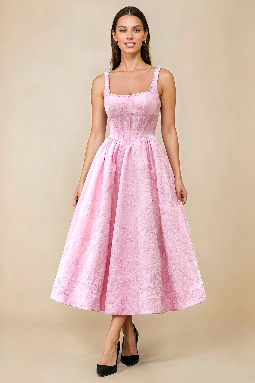 Alberta Pink Jacquard Square Neck Midi Dress with Pearl
