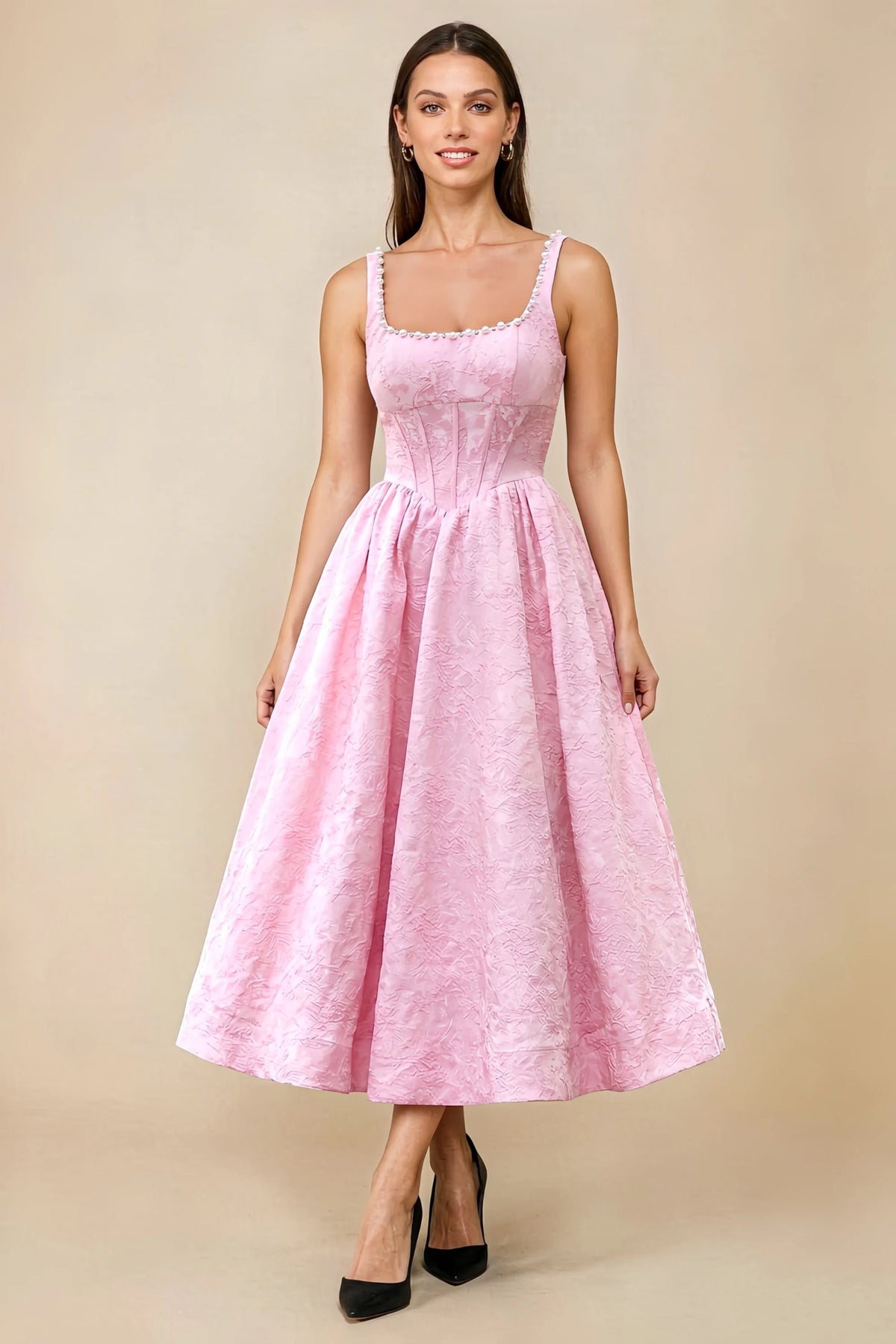 Alberta Pink Jacquard Square Neck Midi Dress with Pearl