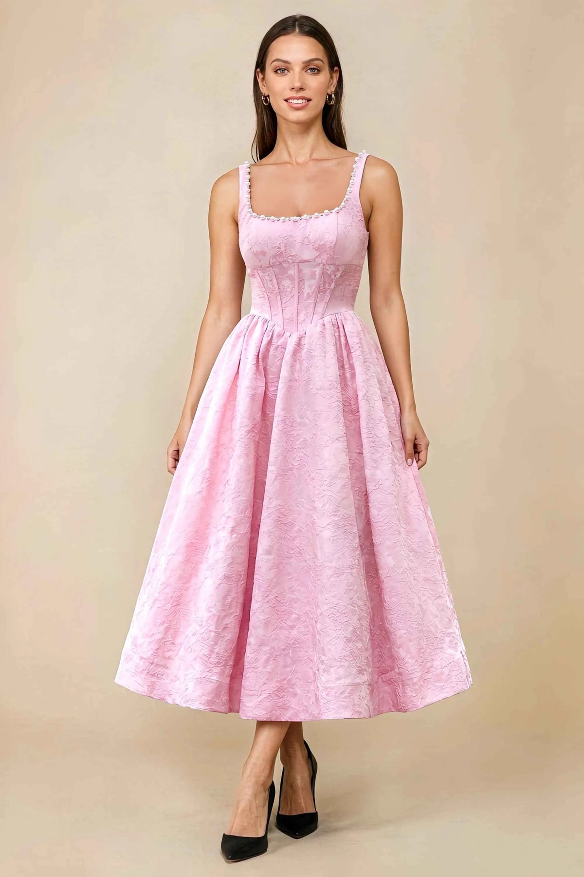 Alberta Pink Jacquard Square Neck Midi Dress with Pearl Main image
