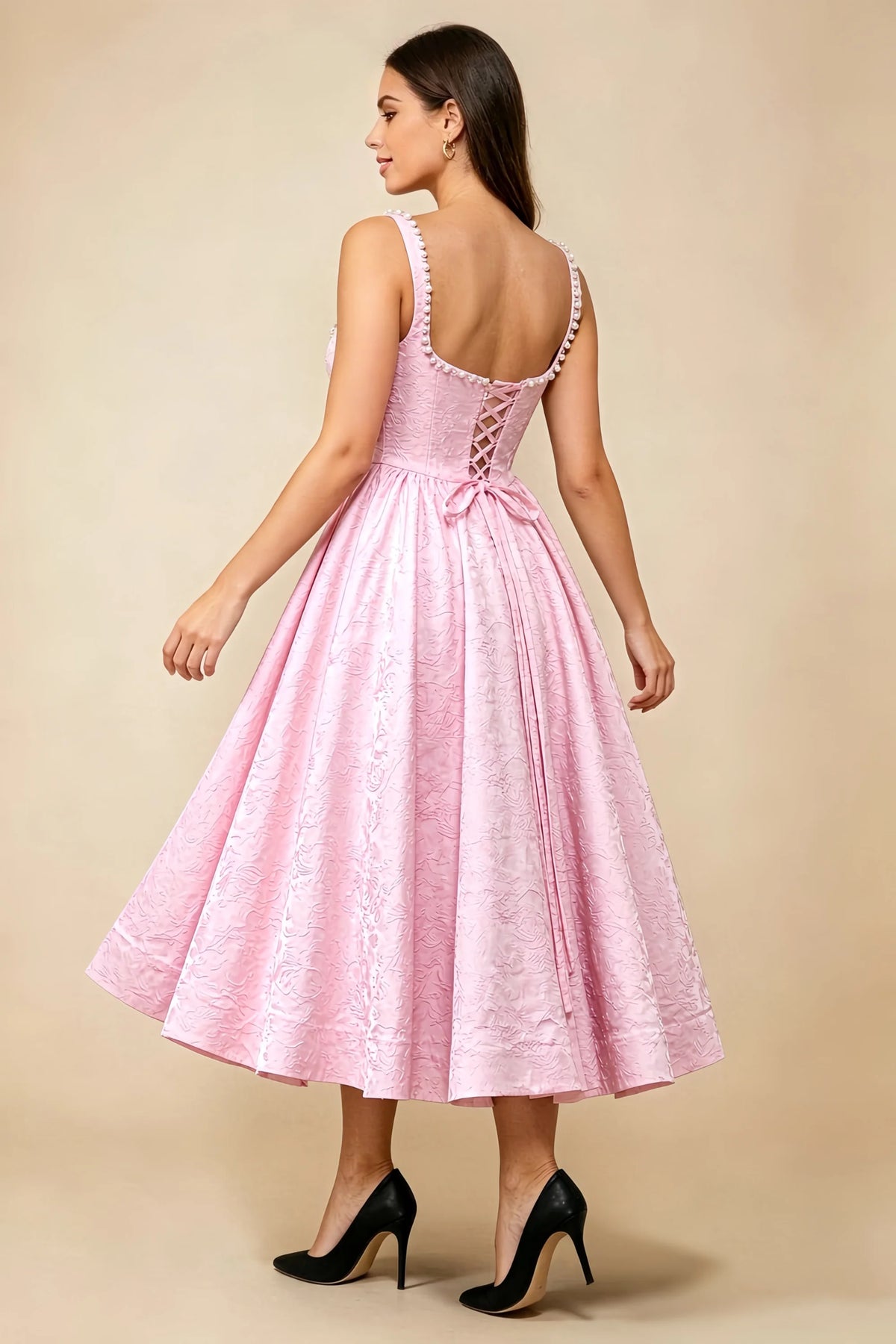 Alberta Pink Jacquard Square Neck Midi Dress with Pearl
