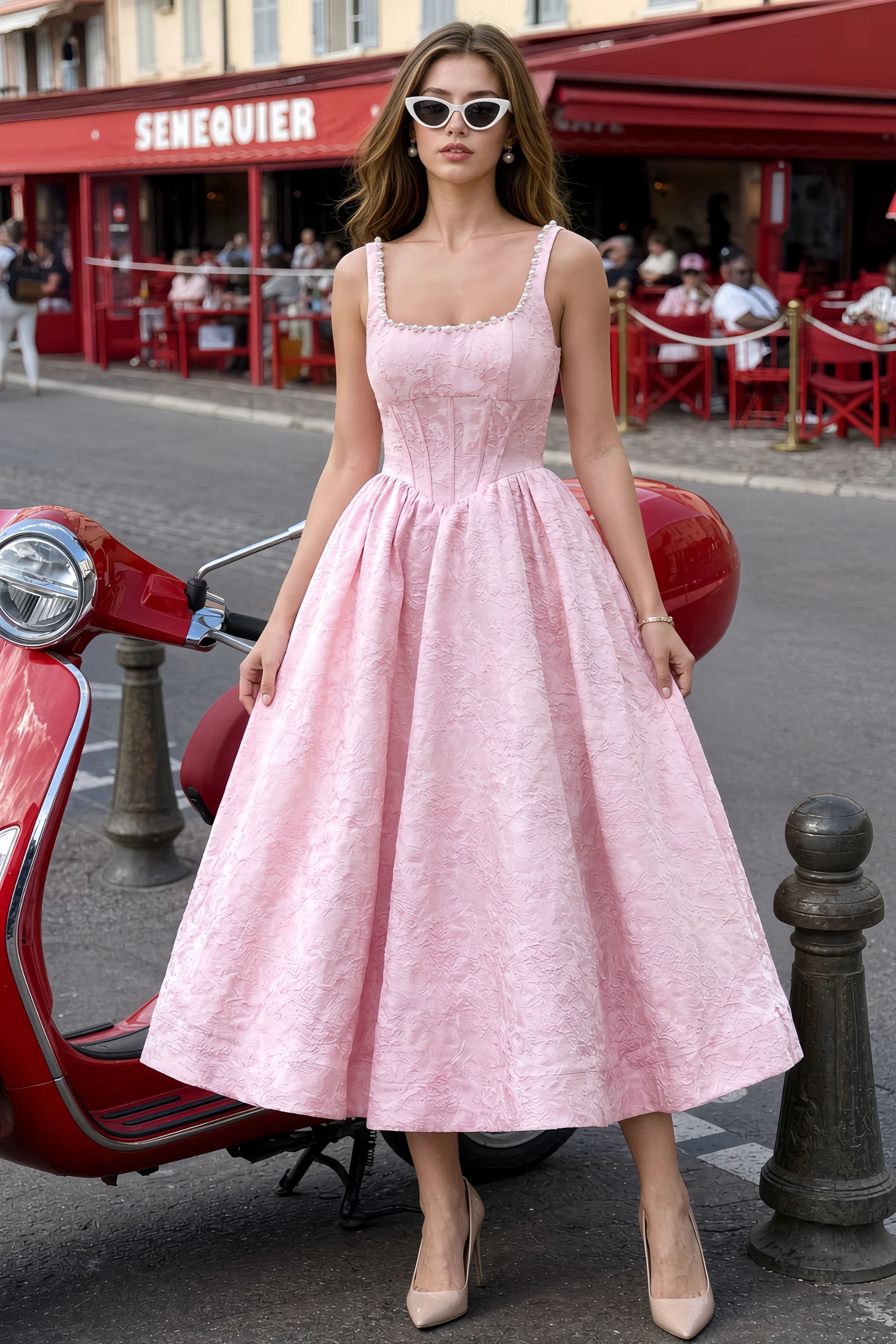 Alberta Pink Jacquard Square Neck Midi Dress with Pearl