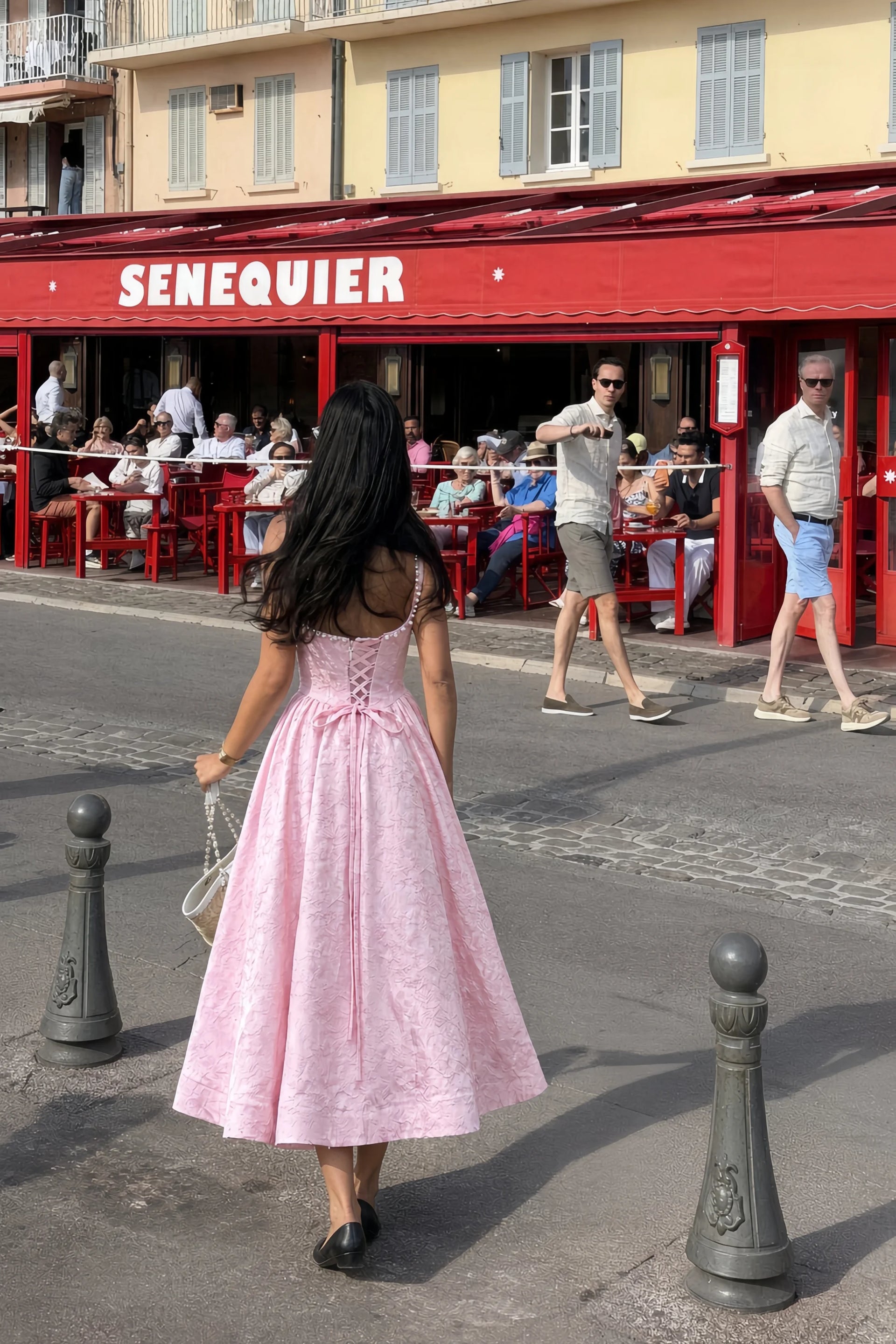 Alberta Pink Jacquard Square Neck Midi Dress with Pearl