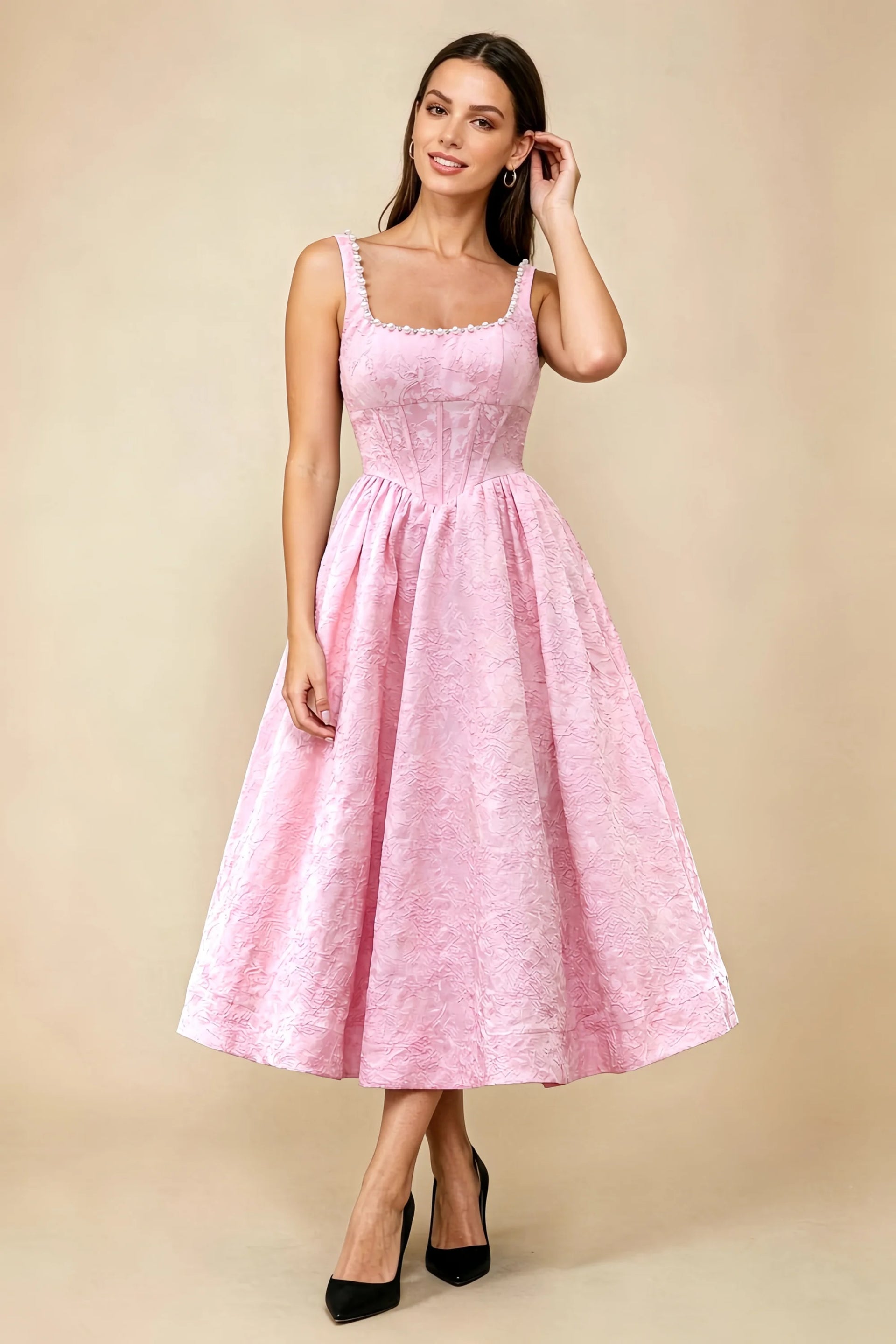Alberta Pink Jacquard Square Neck Midi Dress with Pearl