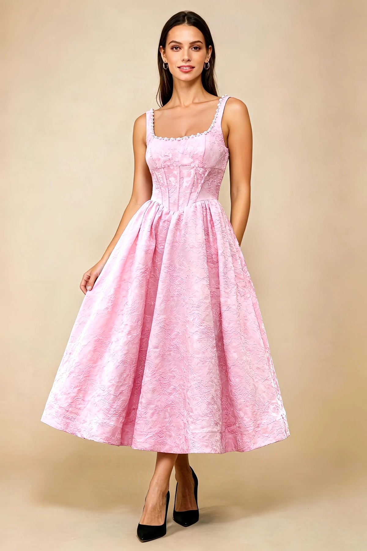 Alberta Pink Jacquard Square Neck Midi Dress with Pearl